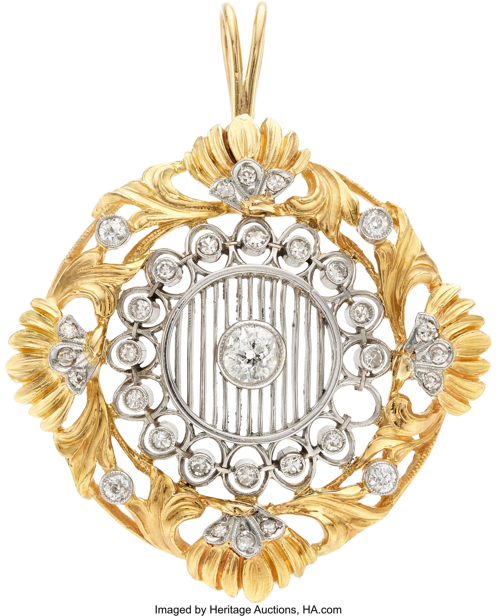 Art Deco Diamond, Platinum, Gold, Pendant-Brooch: Art Deco Diamond, Platinum, Gold, Pendant-Brooch Stones: Old European-cut diamonds weighing a total of approximately 0.55 carat; single-cut diamonds weighing a tota