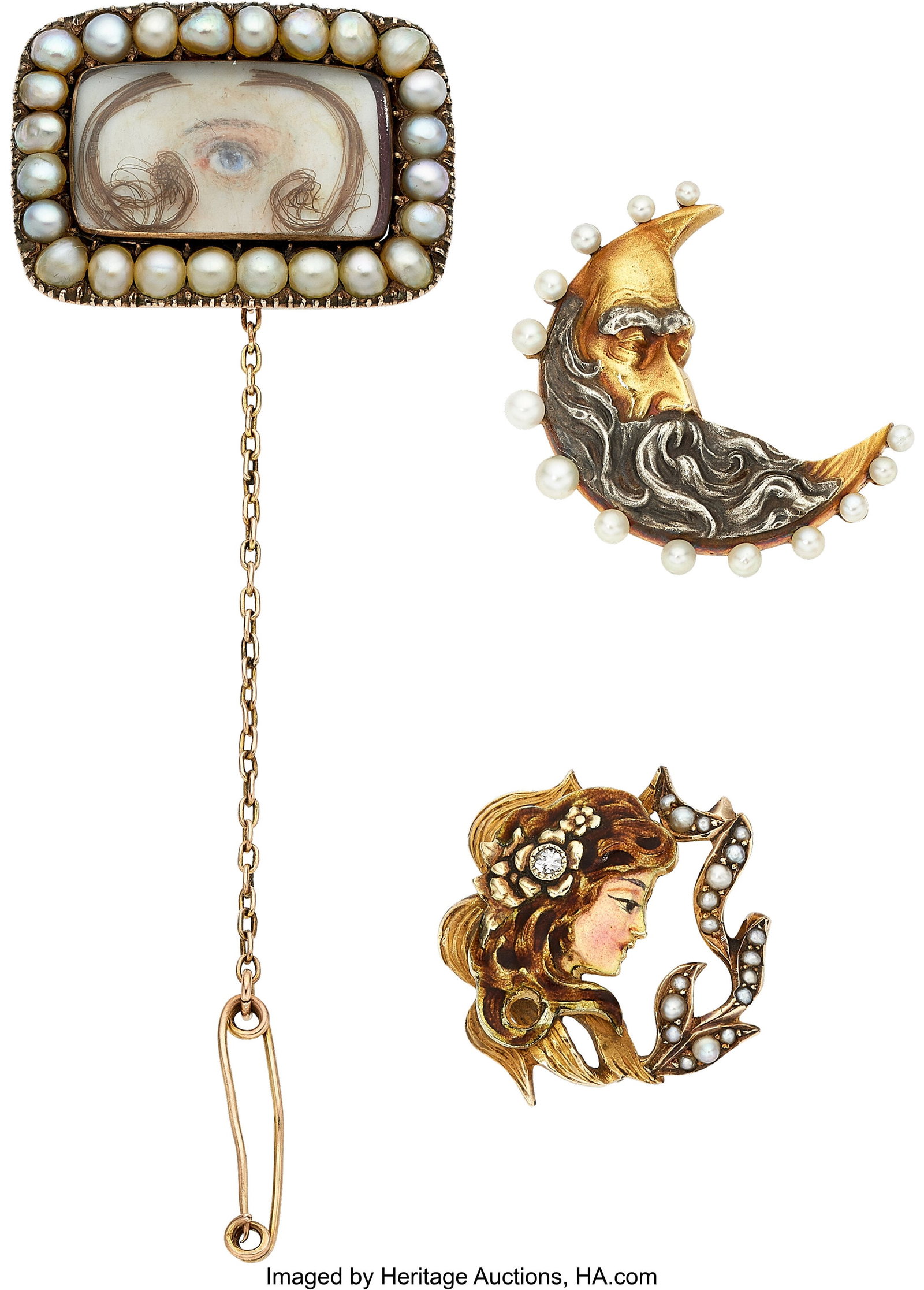 Antique Diamond, Seed Pearl, Enamel, Gold, Verme: Antique Diamond, Seed Pearl, Enamel, Gold, Vermeil Brooches Stones: Single-cut diamond Pearls: Seed pearls measuring 1.50 mm - 3.50 mm Element: 