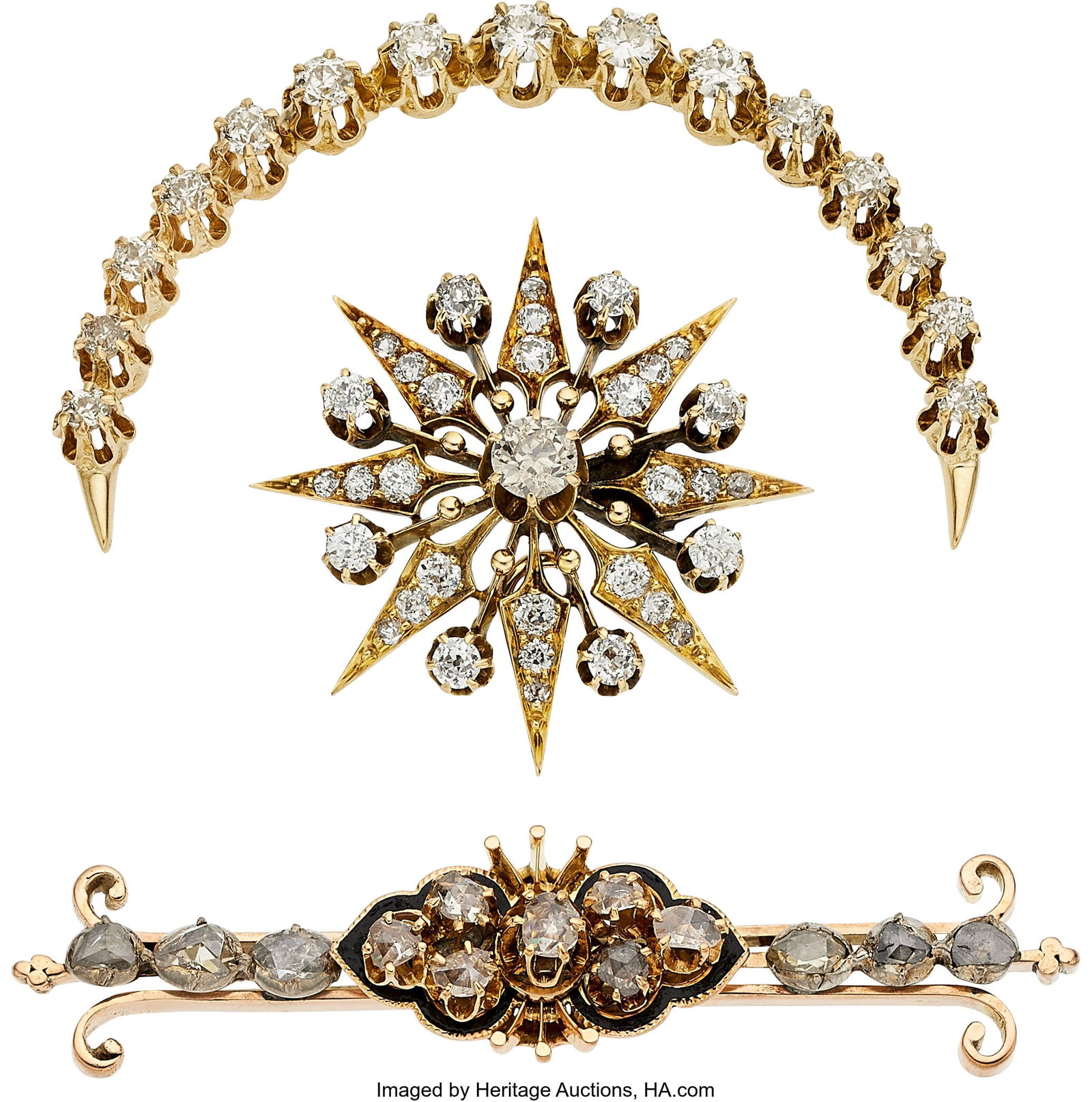 Victorian Diamond, Enamel, Gold, Silver, Yellow : Victorian Diamond, Enamel, Gold, Silver, Yellow Metal Brooches Stones: European-cut diamonds weighing a total of approximately 3.25 carats; rose-cut diamonds 