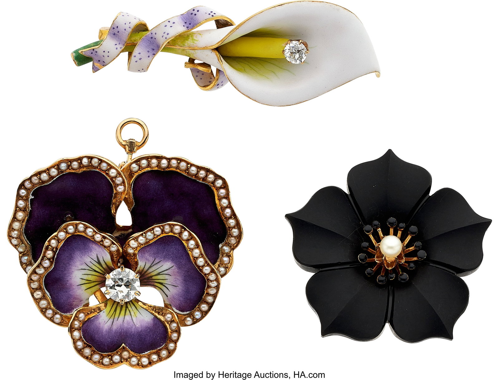 Antique Diamond, Cultured Pearl, Enamel, Gold Br: Antique Diamond, Cultured Pearl, Enamel, Gold Brooches Stones: Full and European-cut diamonds weighing a total of approximately 0.55 carat Pearls: Cultured pearl m