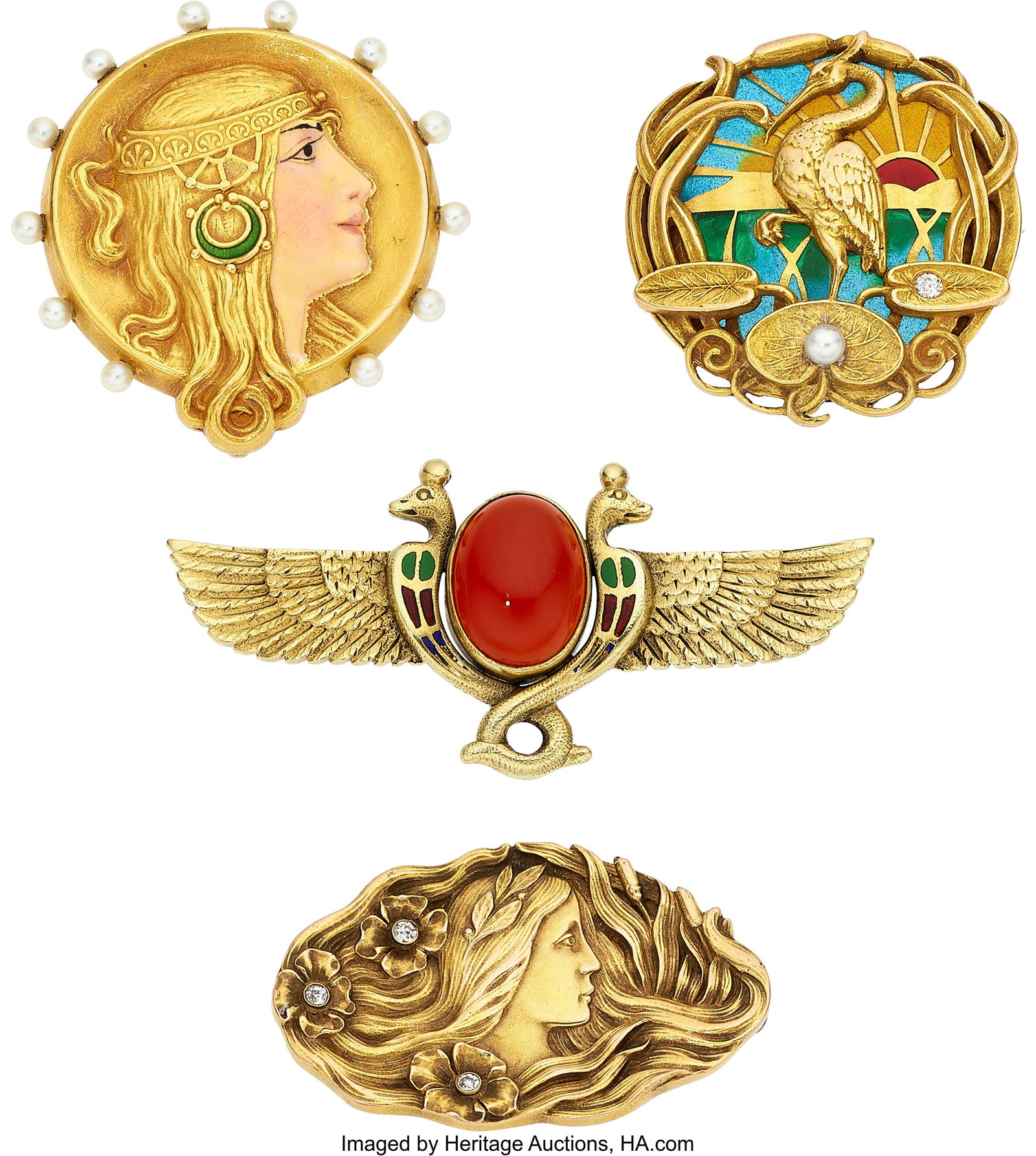Antique Diamond, Cultured Pearl, Carnelian, Enam: Antique Diamond, Cultured Pearl, Carnelian, Enamel, Gold Pendant-Brooches Stones: European and single-cut diamonds Pearls: Seed pearls measuring 2.00 mm - 2&