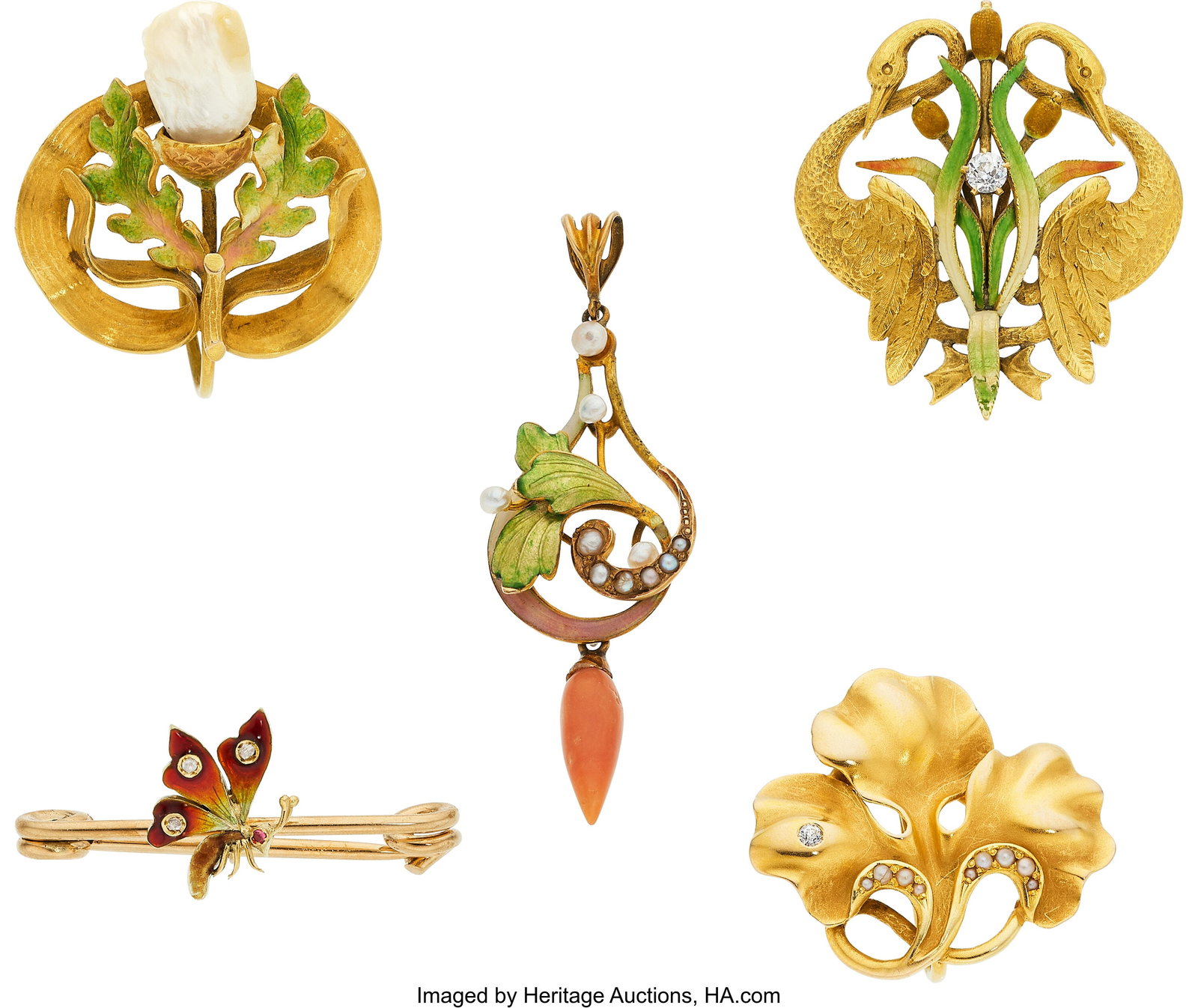 Art Nouveau Diamond, Cultured Pearl, Coral, Seed: Art Nouveau Diamond, Cultured Pearl, Coral, Seed Pearl, Enamel, Gold Pendant-Brooches Stones: European and rose-cut diamonds; carved coral Pearls: Cultur