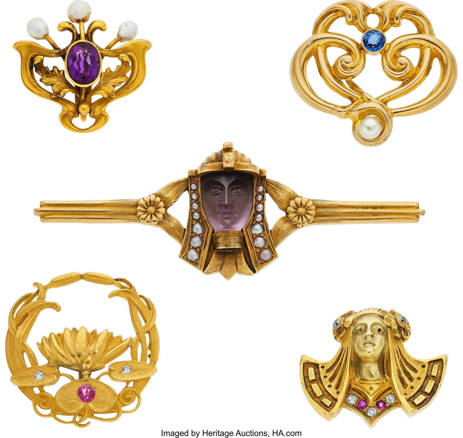 Art Nouveau Multi-Stone, Diamond, Seed Pearl, Go: Art Nouveau Multi-Stone, Diamond, Seed Pearl, Gold Pendant-Brooches Stones: European-cut diamonds weighing a total of approximately 0.10 carat; round-shaped sapphir