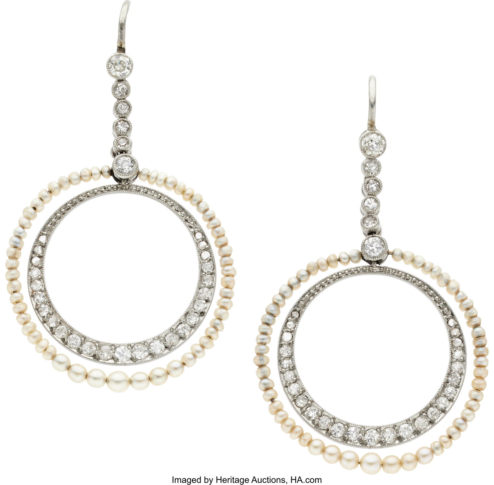 Edwardian Diamond, Seed Pearl, Platinum, Gold Ea: Edwardian Diamond, Seed Pearl, Platinum, Gold Earrings Stones: European-cut diamonds weighing a total of approximately 0.26 carat; single-cut diamonds weighing a to