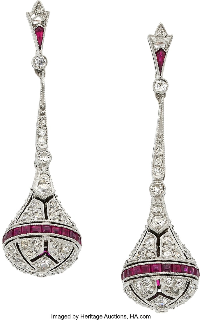 Art Deco Diamond, Ruby, Platinum, Gold Earrings  (1 of 1)