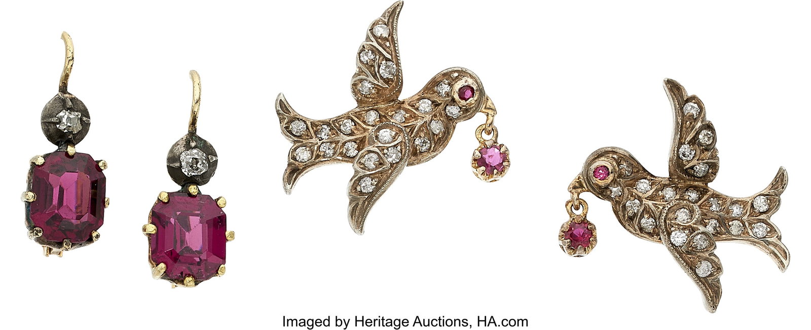 Diamond, Ruby, Rhodolite Gold, Silver-Topped Gol: Diamond, Ruby, Rhodolite Gold, Silver-Topped Gold Earrings Stones: Full and European-cut diamonds weighing a total of approximately 0.65 carat; round-shaped rubies 