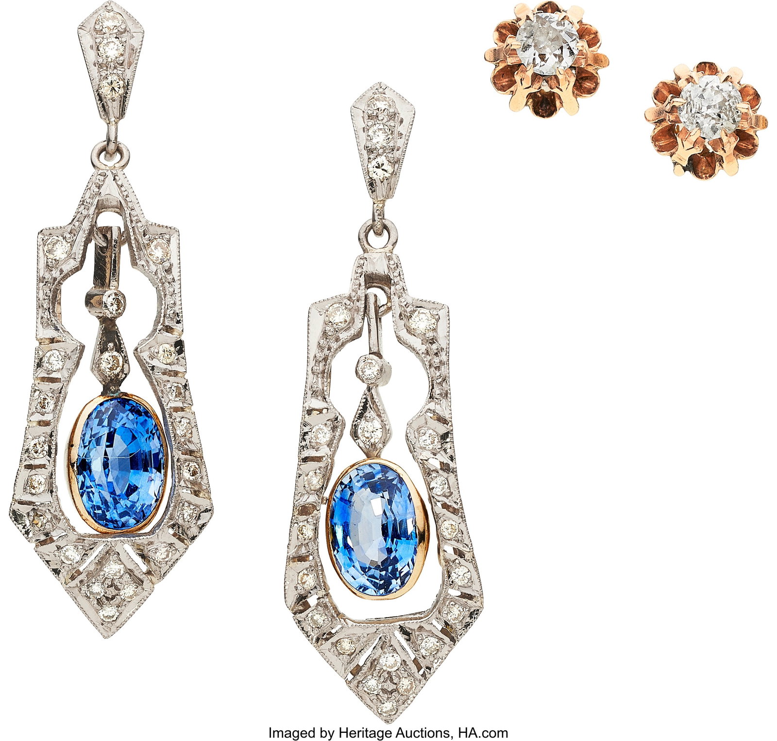 Sapphire, Diamond, Gold Earrings Stones Oval-sh: Sapphire, Diamond, Gold Earrings Stones Oval-shaped sapphires weighing a total of approximately 2.65 carats; European and full-cut diamonds weighing a total of approximately 0&