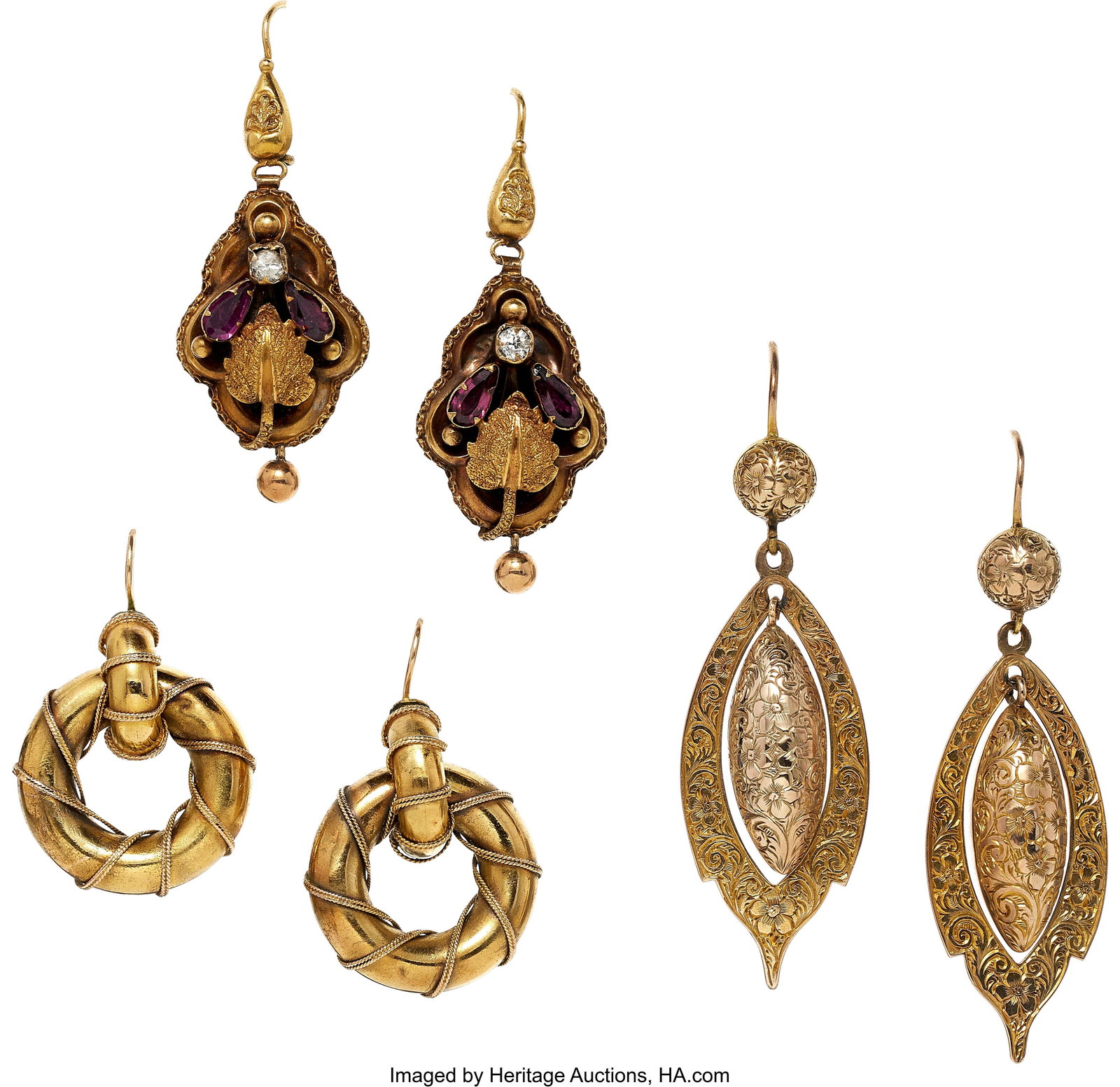 Victorian Diamond, Rhodolite Garnet, Gold Earrin: Victorian Diamond, Rhodolite Garnet, Gold Earrings Stones: European-cut diamonds weighing a total of approximately 0.15 carat; marquise-shaped rhodolite garnet Metal&colo