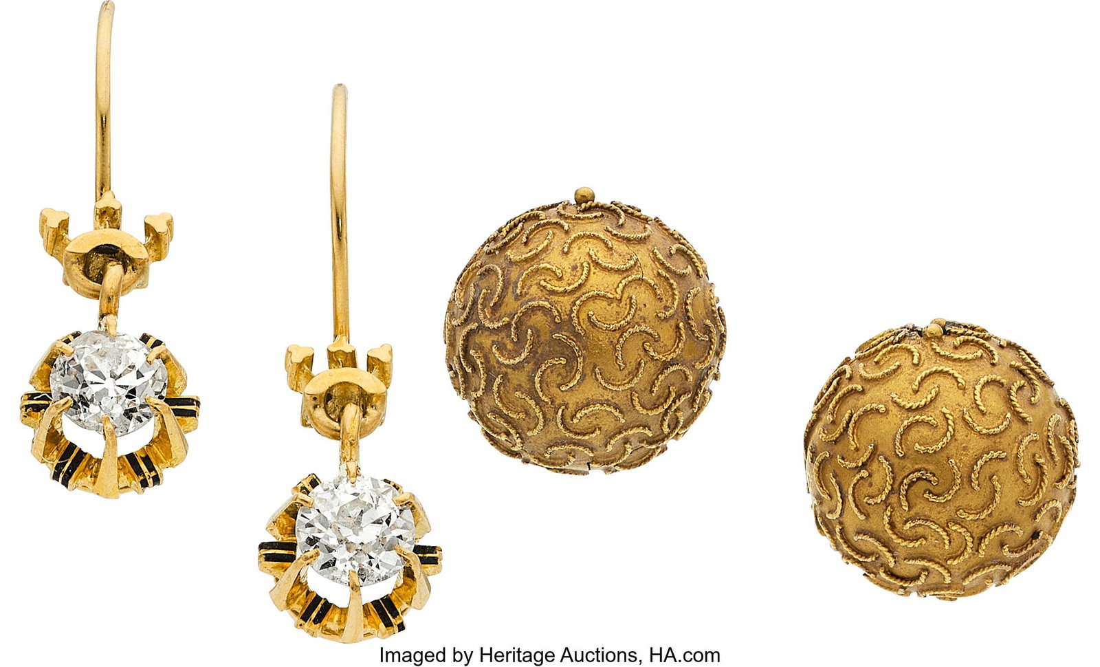 Antique Diamond, Gold Earrings & Coach Covers S: Antique Diamond, Gold Earrings & Coach Covers Stones: European-cut diamonds weighing a total of approximately 1.15 carats Metal: 14k gold Gross Weight: 8.10 g
