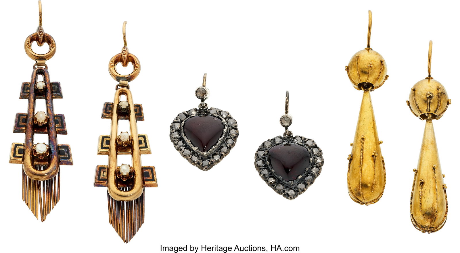 Victorian Diamond, Garnet, Seed Pearl, Enamel, G: Victorian Diamond, Garnet, Seed Pearl, Enamel, Gold, Silver Earrings Stones: Rose-cut diamonds; garnet cabochons Pearls: Seed pearls measuring 2.0