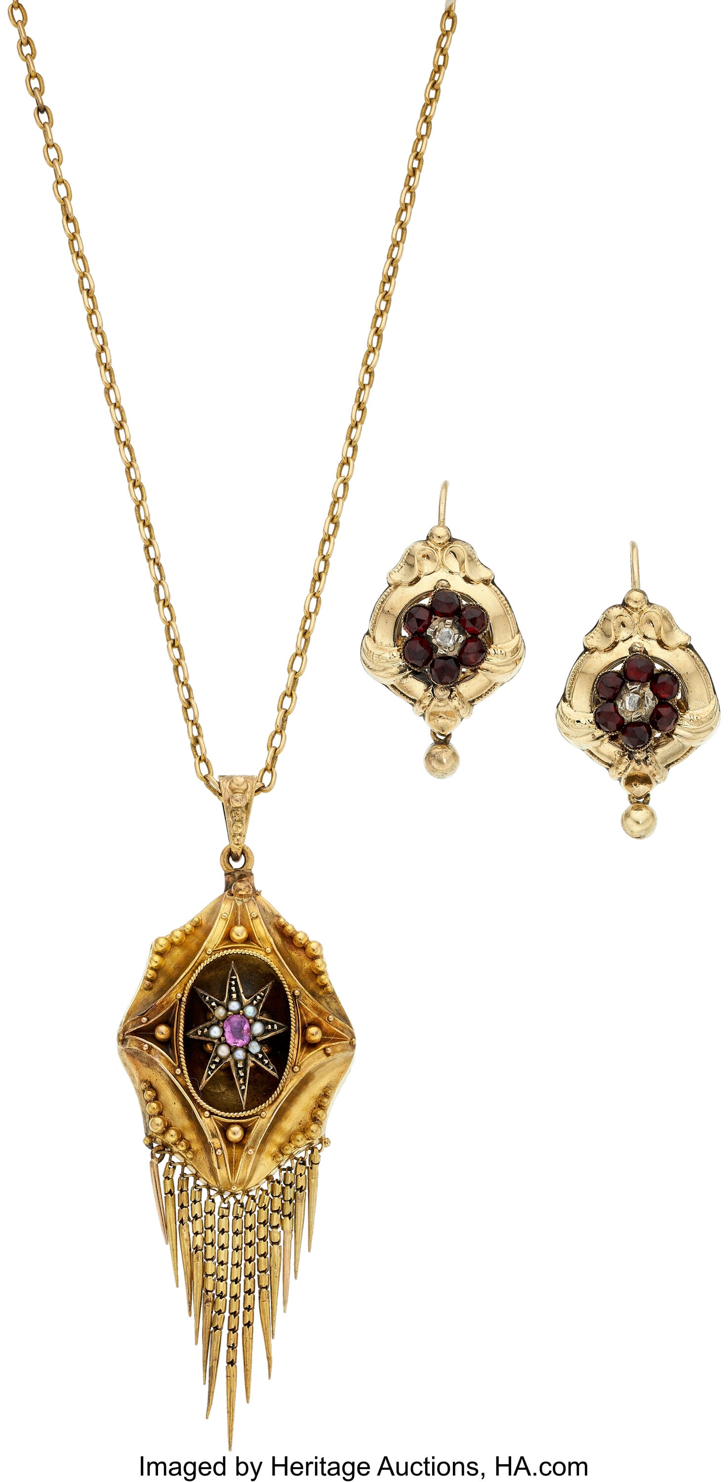 Victorian Multi-Stone, Diamond, Seed Pearl, Gold: Victorian Multi-Stone, Diamond, Seed Pearl, Gold Jewelry Stones: Cushion-shaped pink sapphire weighing approximately 0.25 carat; rose-cut diamonds and garnets Pearl