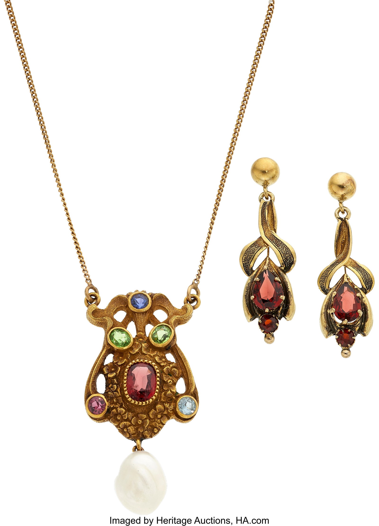Art Nouveau Multi-Stone, Cultured Freshwater Pea: Art Nouveau Multi-Stone, Cultured Freshwater Pearl, Gold Jewelry Stones: Oval-shaped demantoid garnets; round, oval, and pear-shaped red and orange garnets; rou