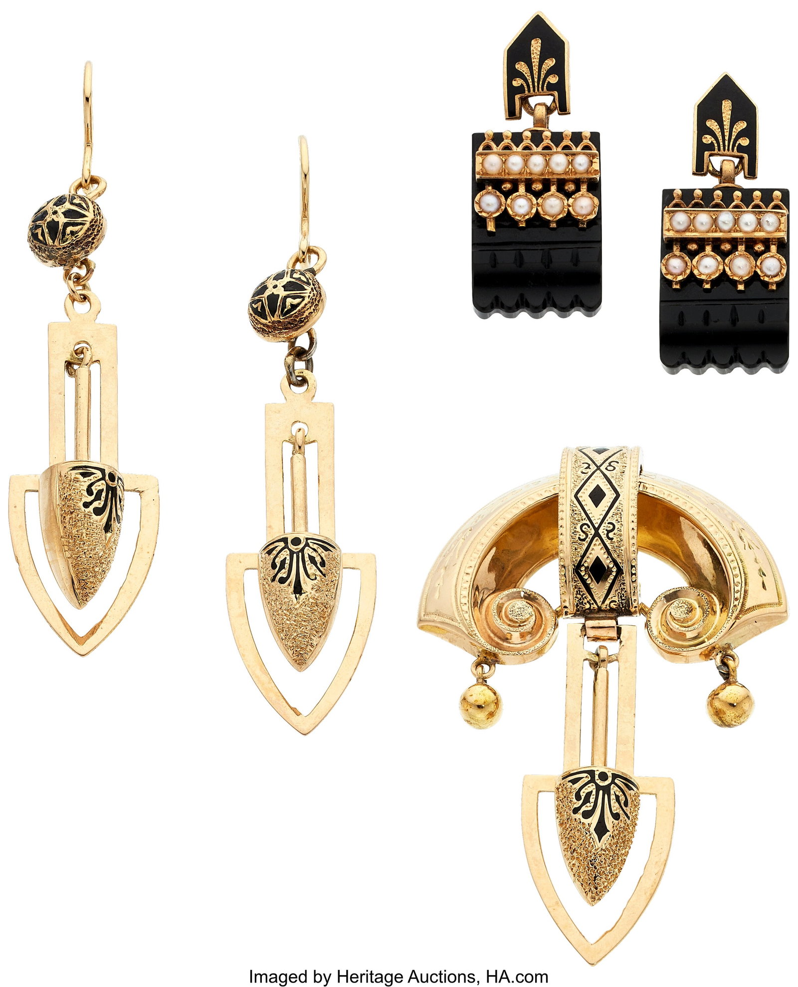 Victorian Black Onyx, Seed Pearl, Enamel, Gold J: Victorian Black Onyx, Seed Pearl, Enamel, Gold Jewelry Stones: Carved black onyx Pearls: Seed pearls measuring 1.70 - 2.00 mm Element: Taille d'&eacut