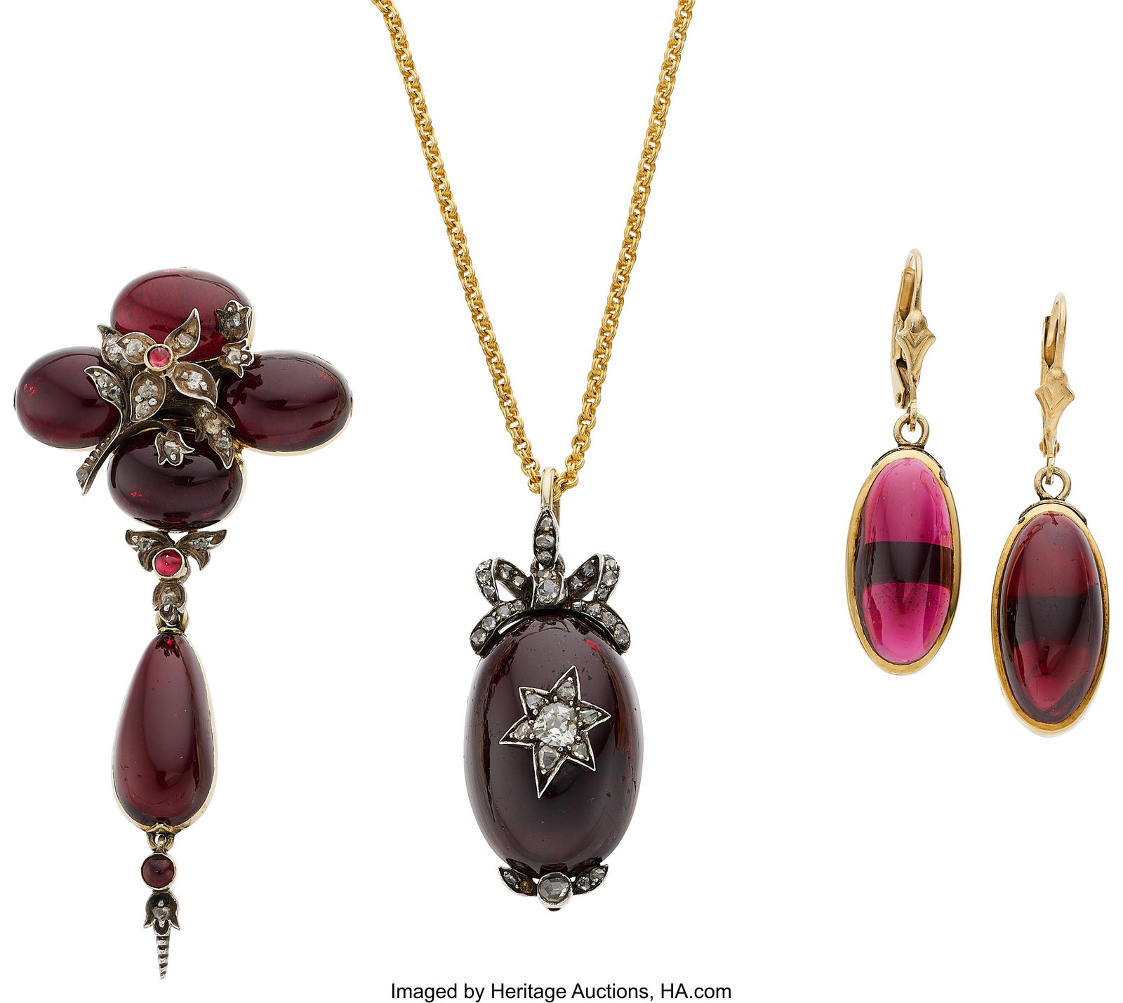 Victorian Diamond, Garnet, Gold, Silver Jewelry : Victorian Diamond, Garnet, Gold, Silver Jewelry Stones: Mine-cut diamond weighing approximately 0.20 carat; rose-cut diamonds; peg set garnet and garnet caboch