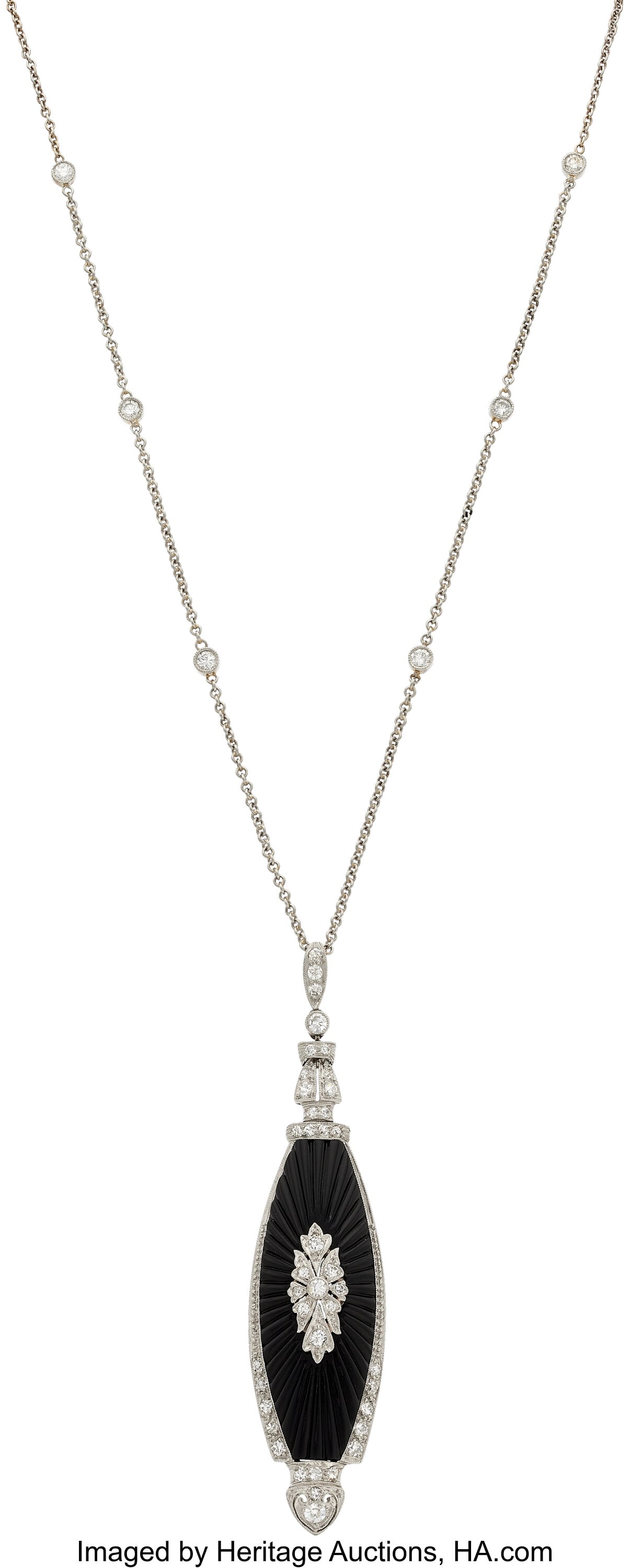 Art Deco Diamond, Black Onyx, Platinum, Gold Nec: Art Deco Diamond, Black Onyx, Platinum, Gold Necklace Stones: European and single-cut diamonds weighing a total of approximately 1.00 carat; carved black onyx Metal