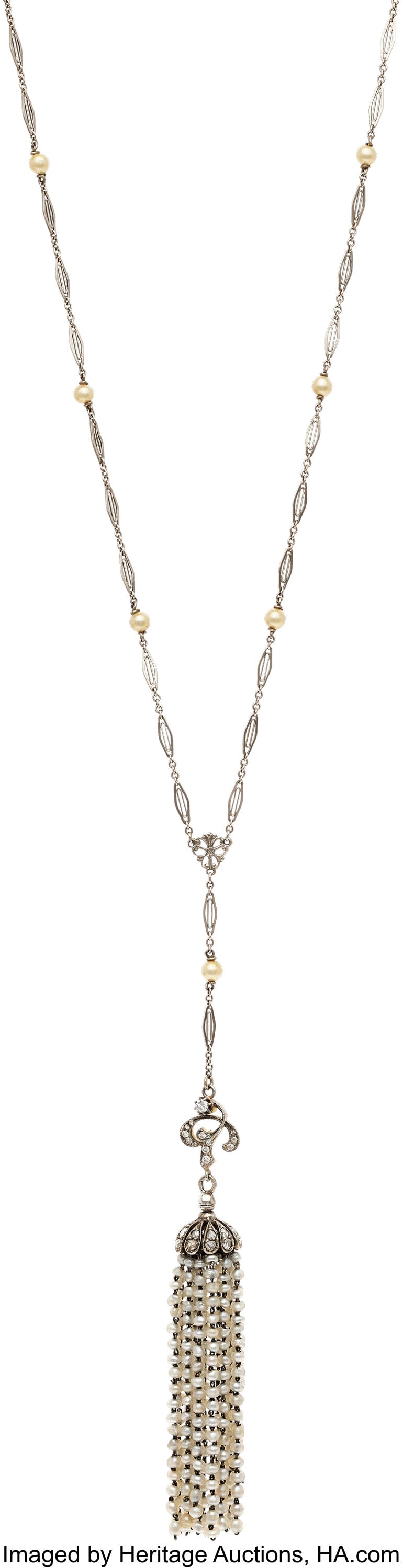 Art Deco Diamond, Seed Pearl, White Gold, Silver: Art Deco Diamond, Seed Pearl, White Gold, Silver-Topped Gold, Silver Necklace Stones: Full and single-cut diamonds weighing a total of approximately 0.15 carat&sem
