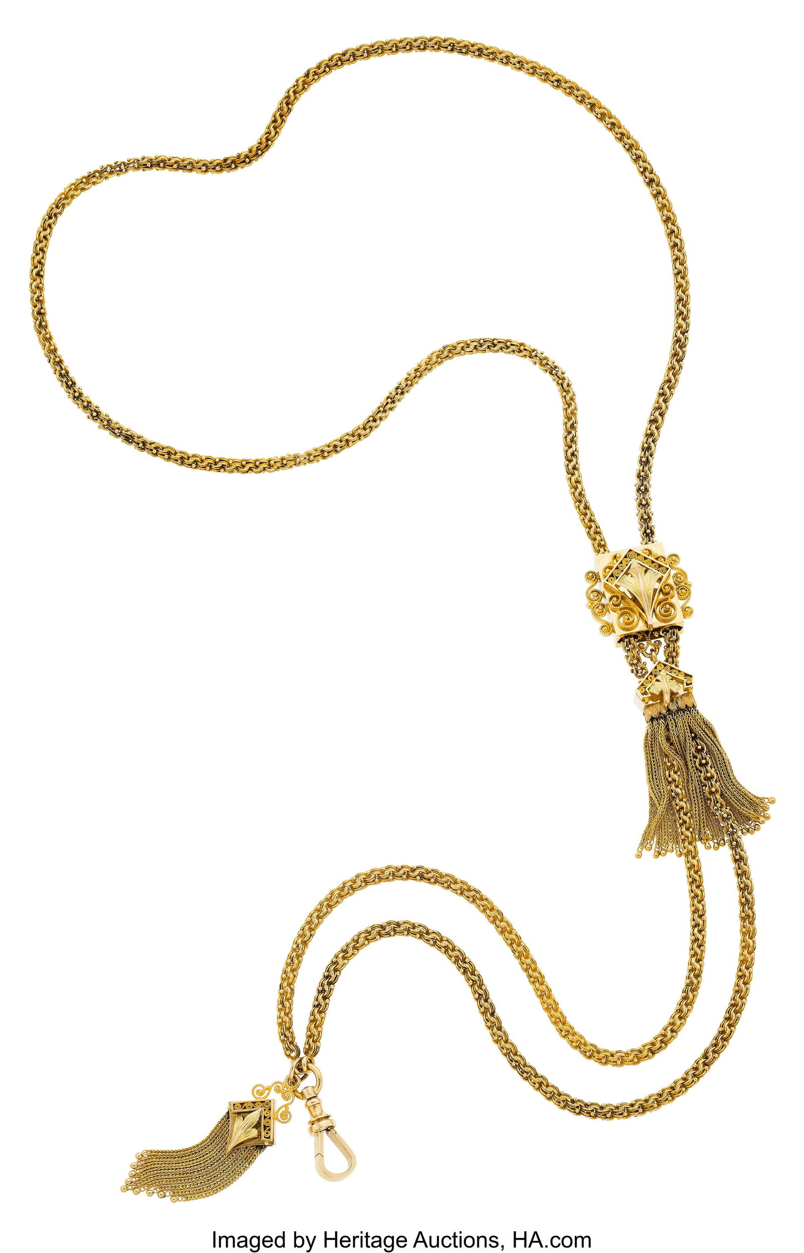 Antique Gold Guard Chain / Necklace Metal: 15k : Antique Gold Guard Chain / Necklace Metal: 15k and 14k gold Gross Weight: 78.80 grams Necklace Dimensions: 37.50 inches x 1/8 inch Drop Dimensions: 4 inch