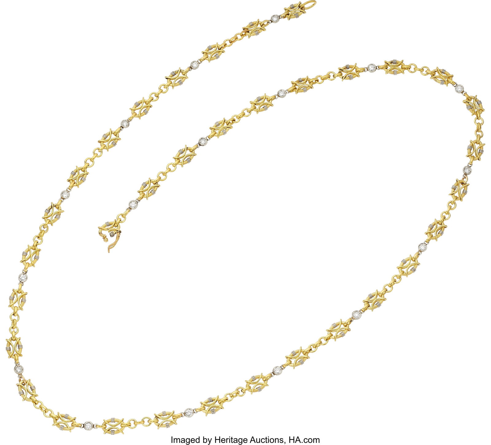 Antique Diamond, Gold, Platinum Necklace Stones: Antique Diamond, Gold, Platinum Necklace Stones: Full-cut diamonds weighing a total of approximately 0.65 carat Metal: Platinum and 18k gold Gross Weight: 27&perio