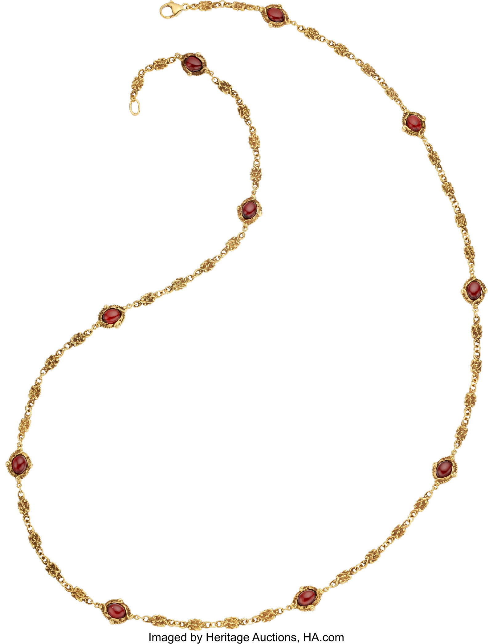 Antique Garnet, Gold Long Chain Stones: Garnet : Antique Garnet, Gold Long Chain Stones: Garnet double cabochons Metal: 18k gold; 14k gold (clasp) Gross Weight: 49.00 grams Length: 32 inches Proper