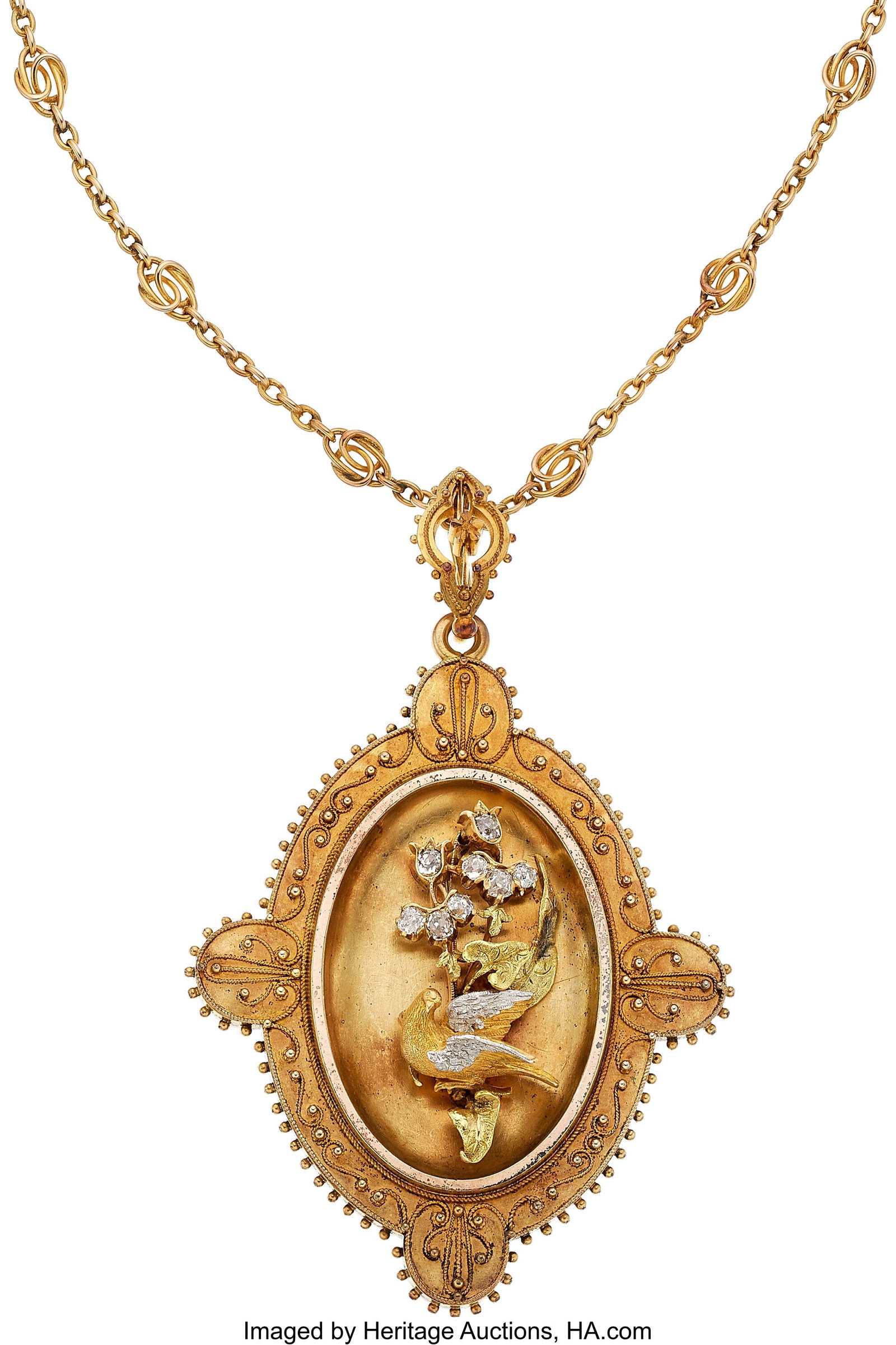 Antique Diamond, Gold Pendant-Locket Necklace S: Antique Diamond, Gold Pendant-Locket Necklace Stones: Transitional-cut diamonds weighing a total of approximately 0.30 carat Metal: 15k and 14k gold, and silver Gross We