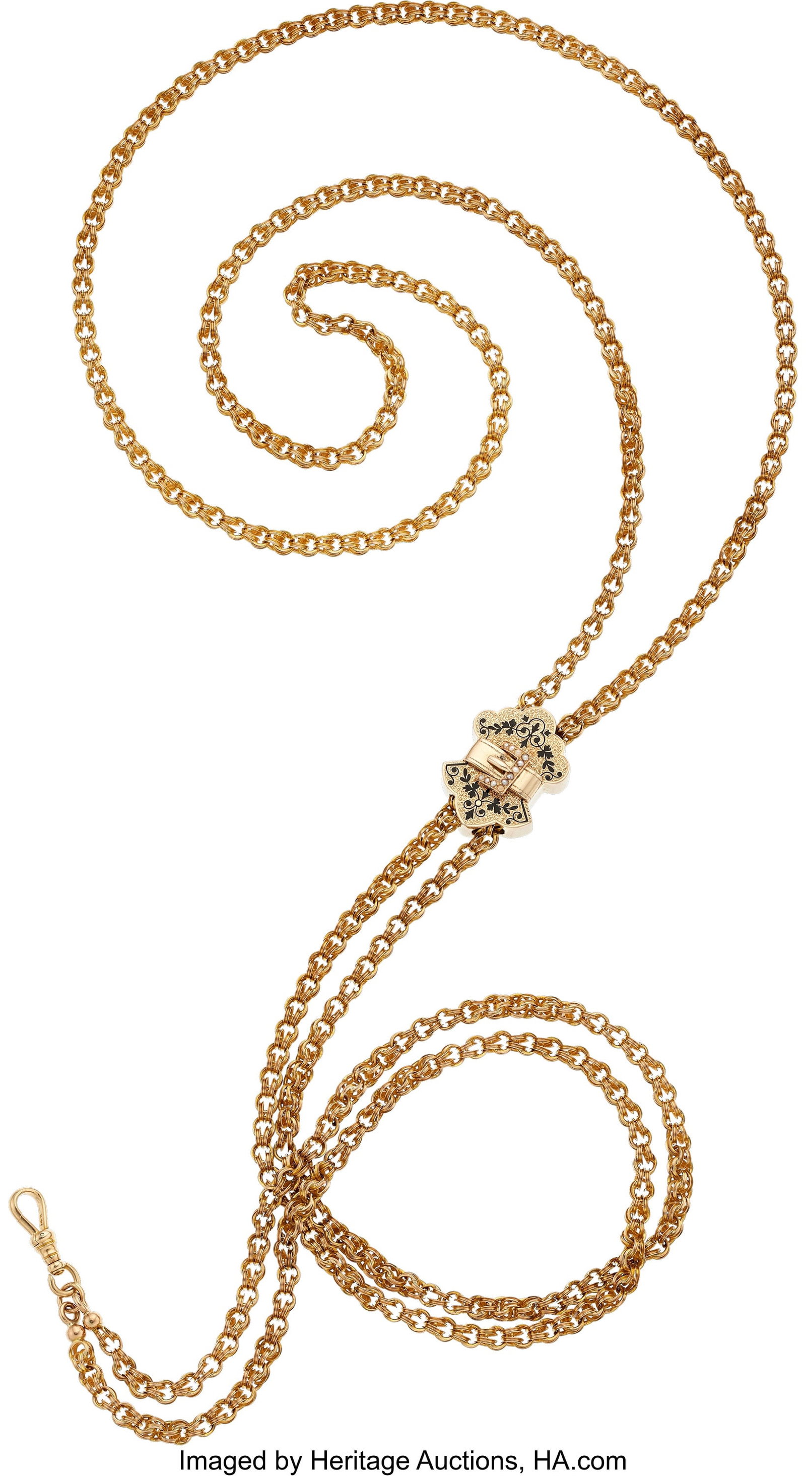 Victorian, Seed Pearl, Enamel, Gold Guard Chain : Victorian, Seed Pearl, Enamel, Gold Guard Chain / Necklace Pearls: Seed pearls measuring 1.50 mm Element: Taille d’épargne enamel Metal: 14k