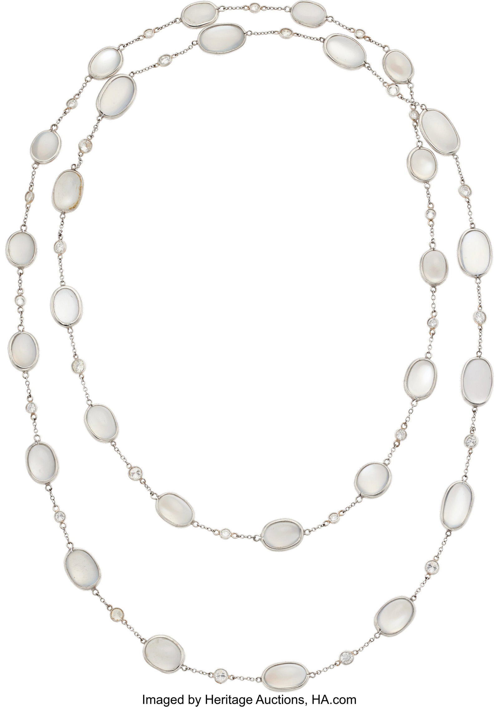 Moonstone, Diamond, Platinum Necklace Stones: M: Moonstone, Diamond, Platinum Necklace Stones: Moonstone cabochons; full-cut diamonds weighing a total of approximately 2.20 carats Metal: Platinum Gross Weight&colo