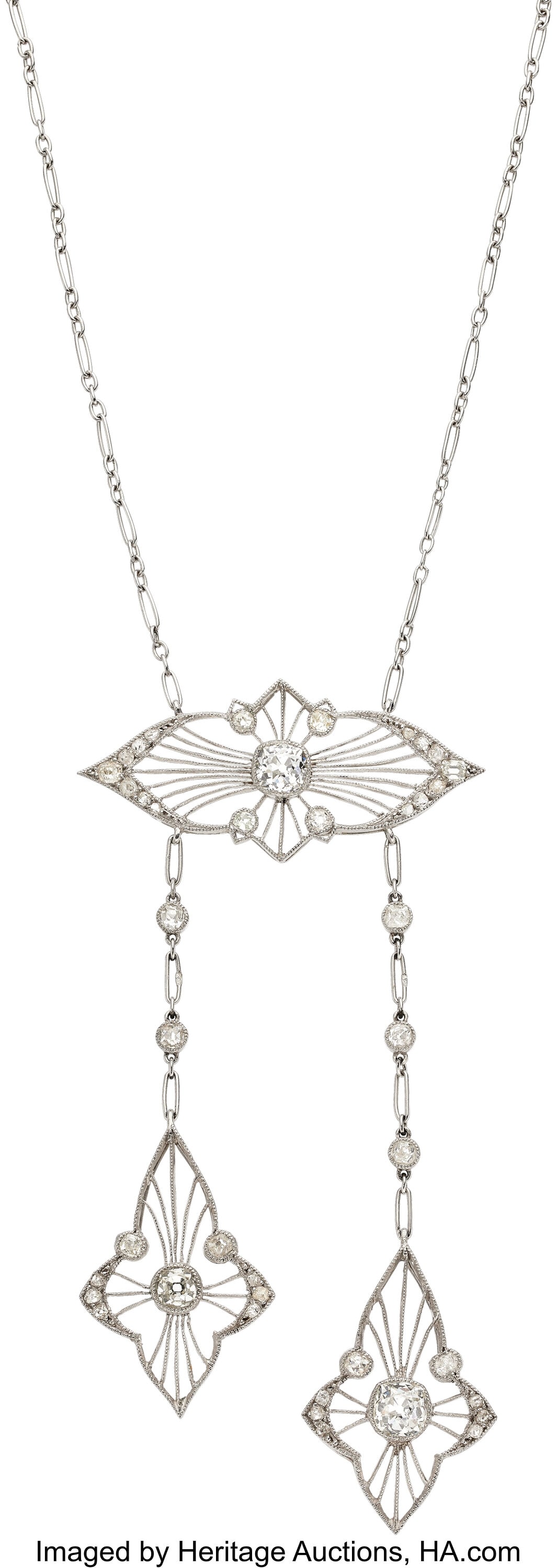 Edwardian Diamond, Platinum Négligée Necklace,: Edwardian Diamond, Platinum Négligée Necklace, French Stones: Mine-cut diamonds weighing a total of approximately 1.45 carats; mine-cut diamonds weighing a 