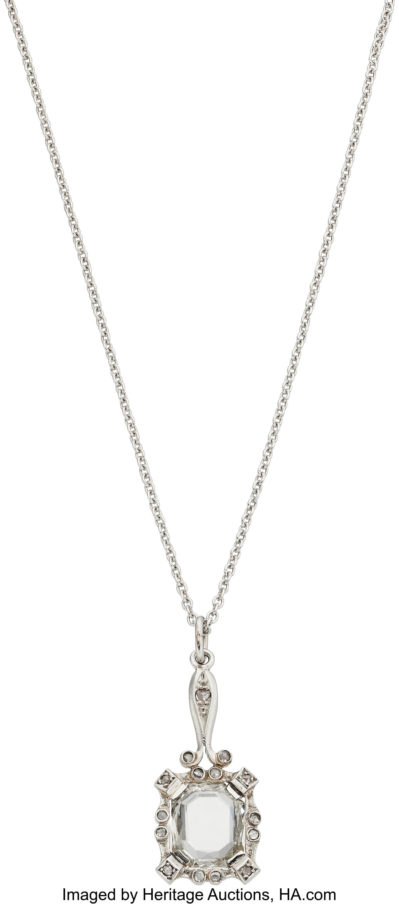 Portrait Diamond, Platinum Pendant-Necklace Sto: Portrait Diamond, Platinum Pendant-Necklace Stones: Portrait-cut diamond; rose-cut diamonds Metal: Platinum Gross Weight: 4.30 grams Pendant Dimensions: 15&so