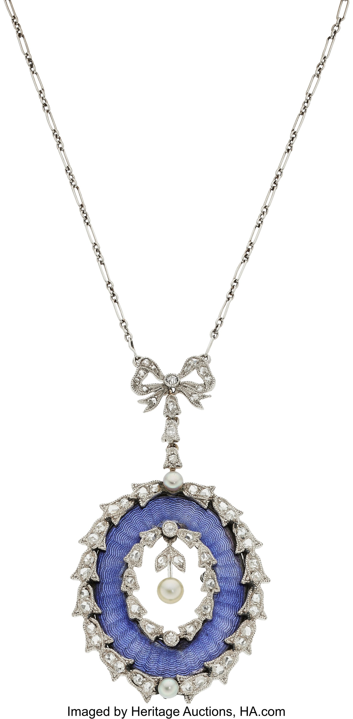 Edwardian Diamond, Seed Pearl, Enamel, Platinum : Edwardian Diamond, Seed Pearl, Enamel, Platinum Necklace Stones: Rose-cut diamonds Pearls: Seed pearls measuring 2.50 mm - 3.50 mm Element: Guilloch&e