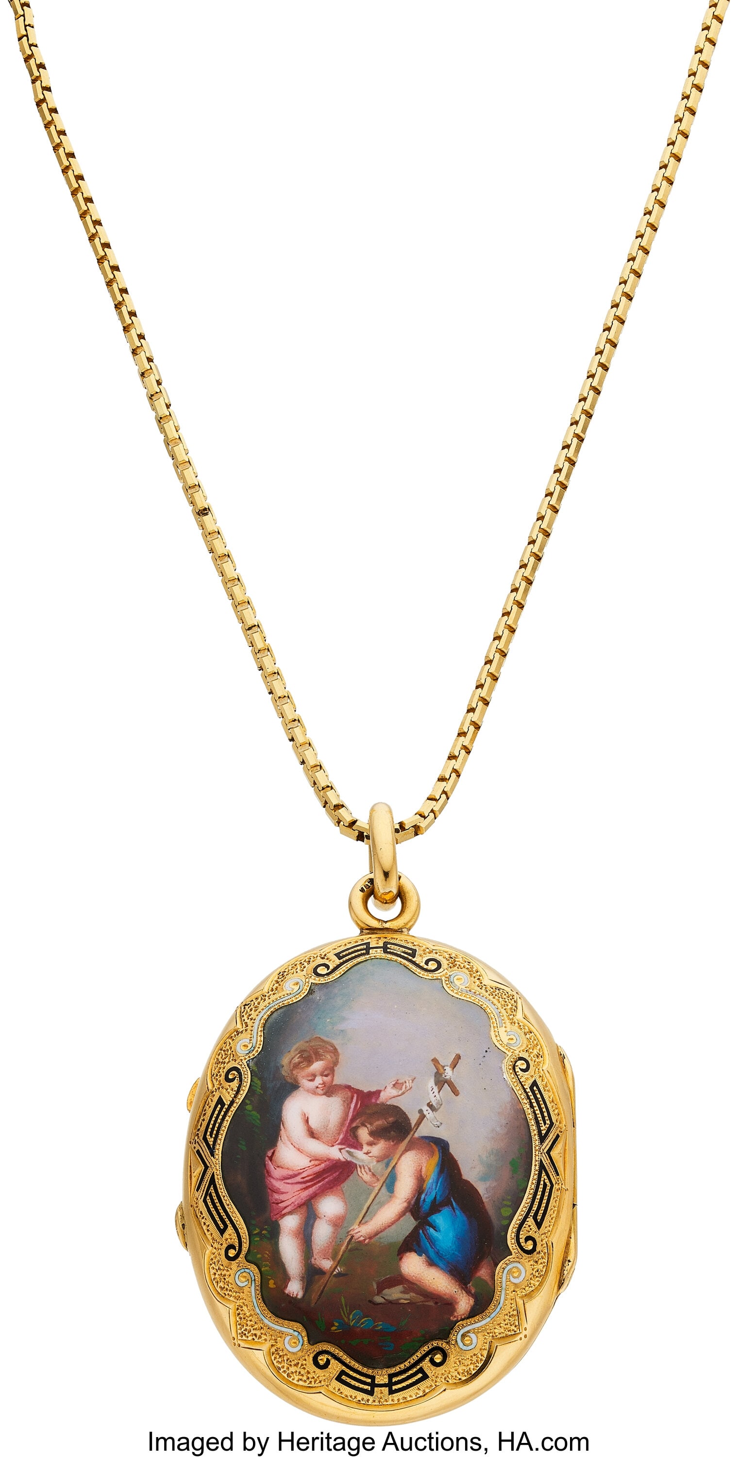 Victorian Enamel, Gold Pendant-Locket with Chain: Victorian Enamel, Gold Pendant-Locket with Chain Element: Taille d'épargne enamel Metal: 18k and 14k gold Gross Weight: 25.20 grams Necklace Dimensions: 23-