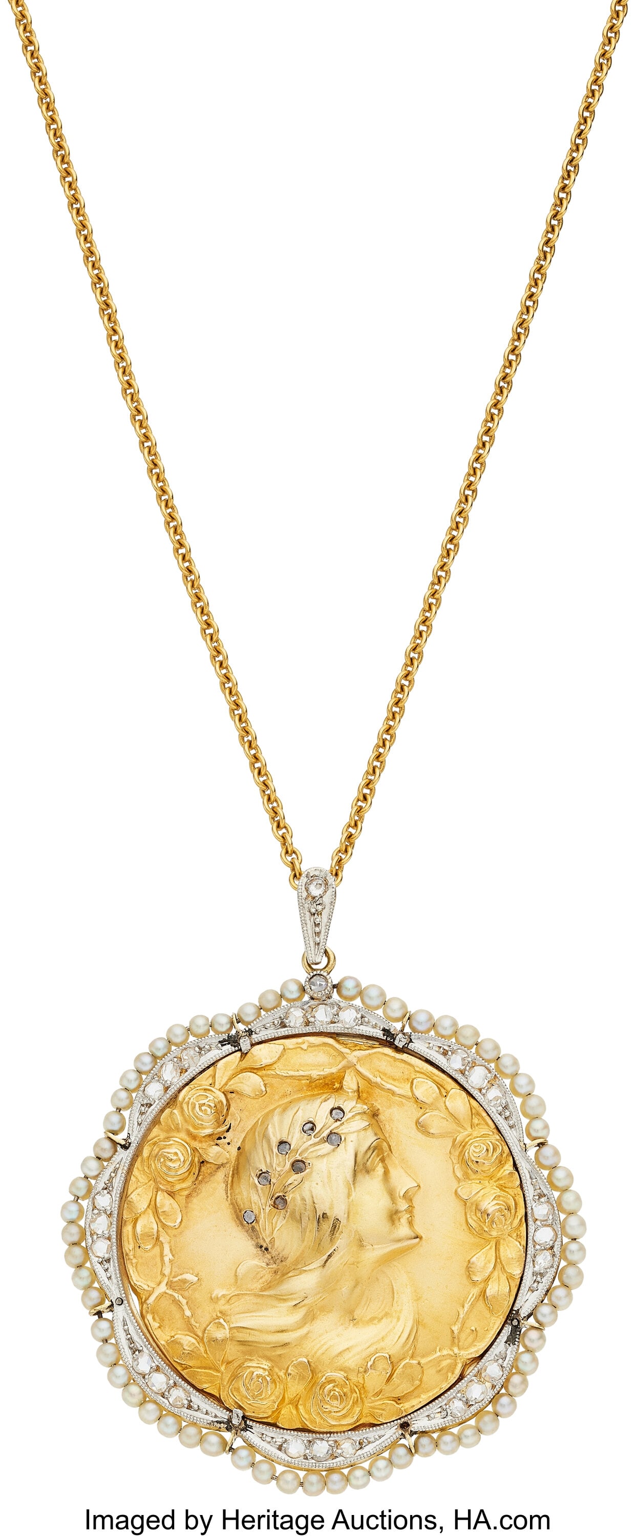 Art Nouveau Diamond, Seed Pearl, Gold, Silver-To: Art Nouveau Diamond, Seed Pearl, Gold, Silver-Topped Gold Pendant-Necklace Stones: Rose-cut diamonds Pearls: Seed pearls measuring 1.00 mm - 1.50 mm Metal&c