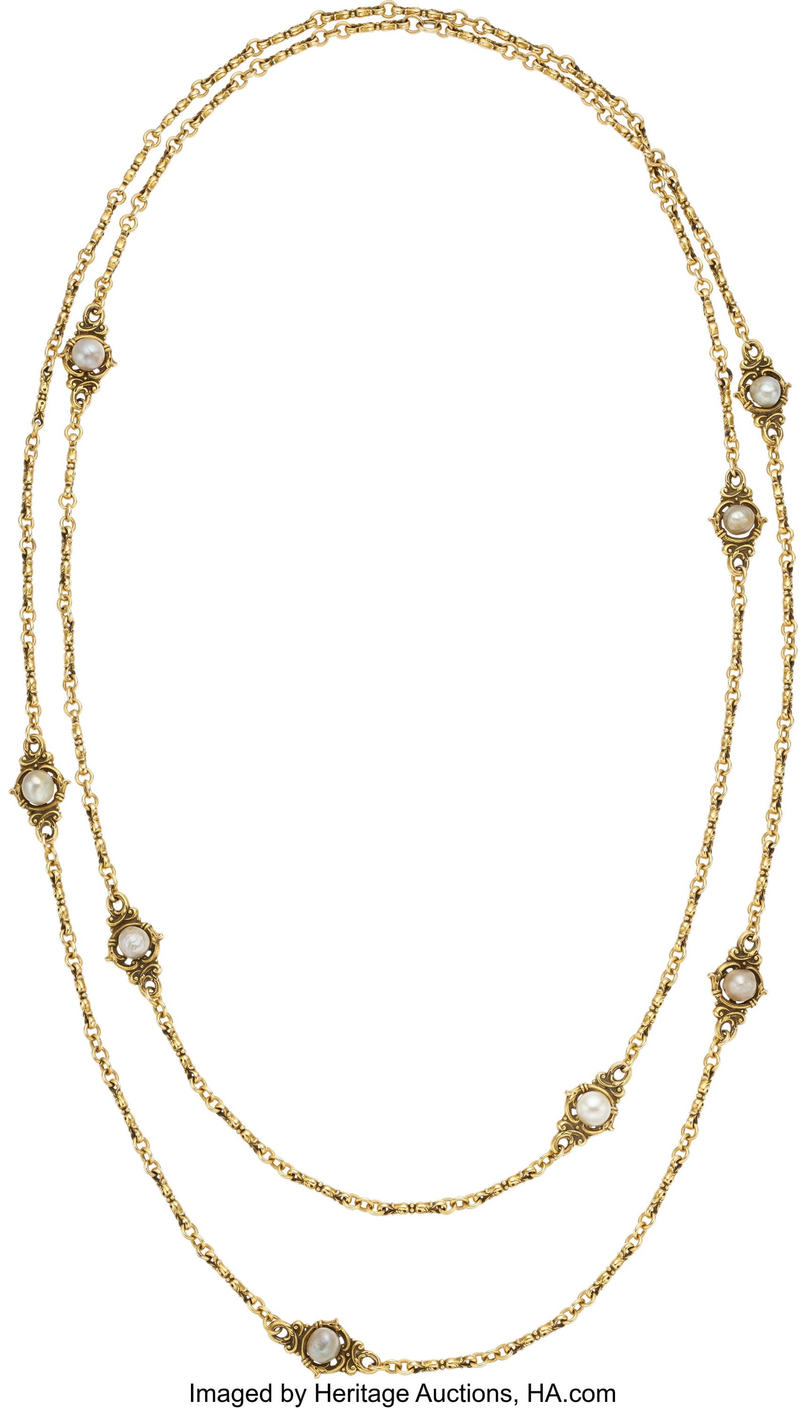 Antique Freshwater Cultured Pearl, Gold Long Cha: Antique Freshwater Cultured Pearl, Gold Long Chain Pearls: Freshwater cultured pearls measuring 6.00 x 6.50 mm Metal: 15k gold Gross Weight: 52.85 grams Le