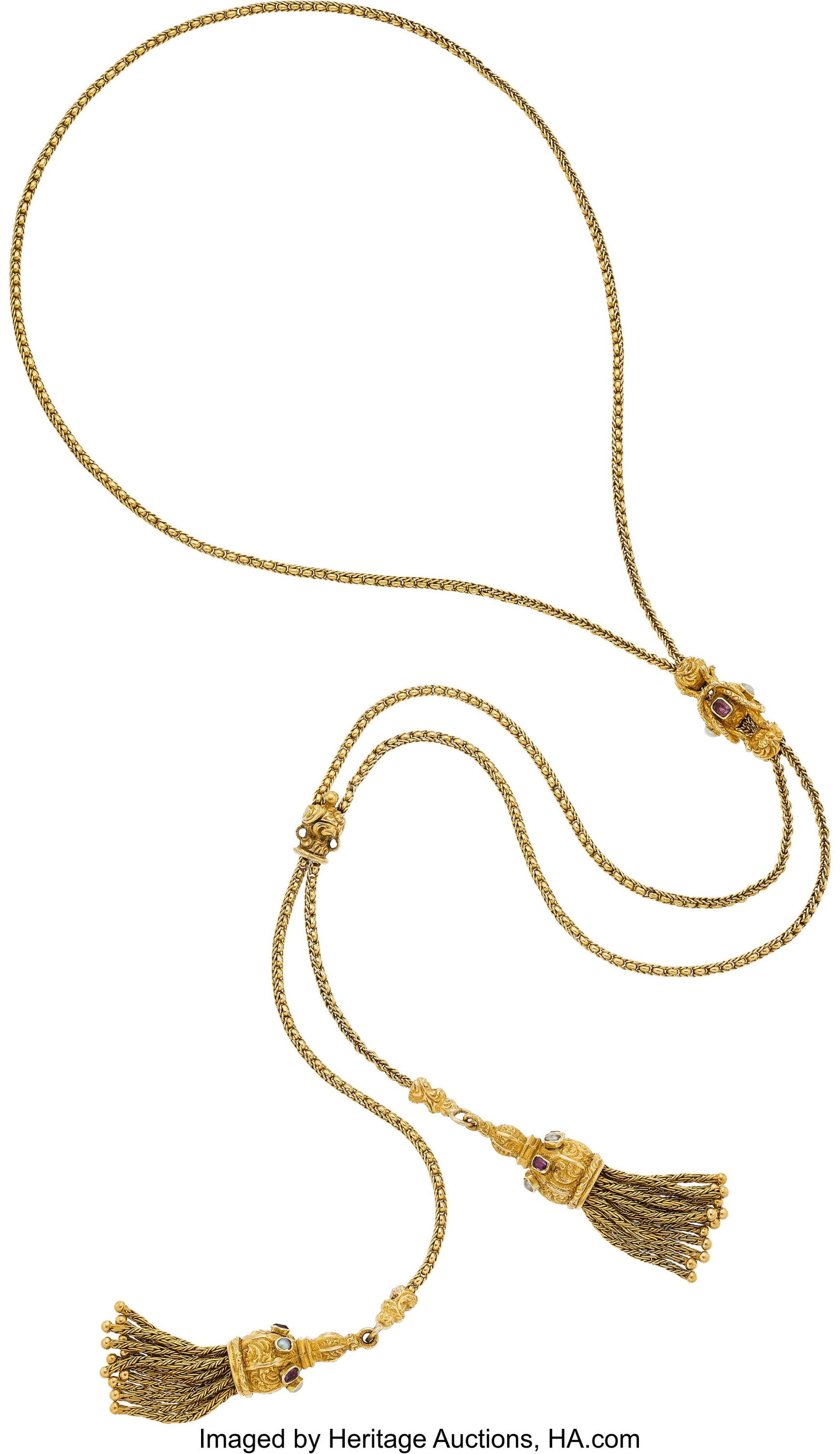 Antique Ruby, Cultured Pearl, Gold Slide Necklac: Antique Ruby, Cultured Pearl, Gold Slide Necklace, French Stones: Cushion-shaped rubies weighing a total of approximately 0.40 carat Pearls: Cultured pearls weighi