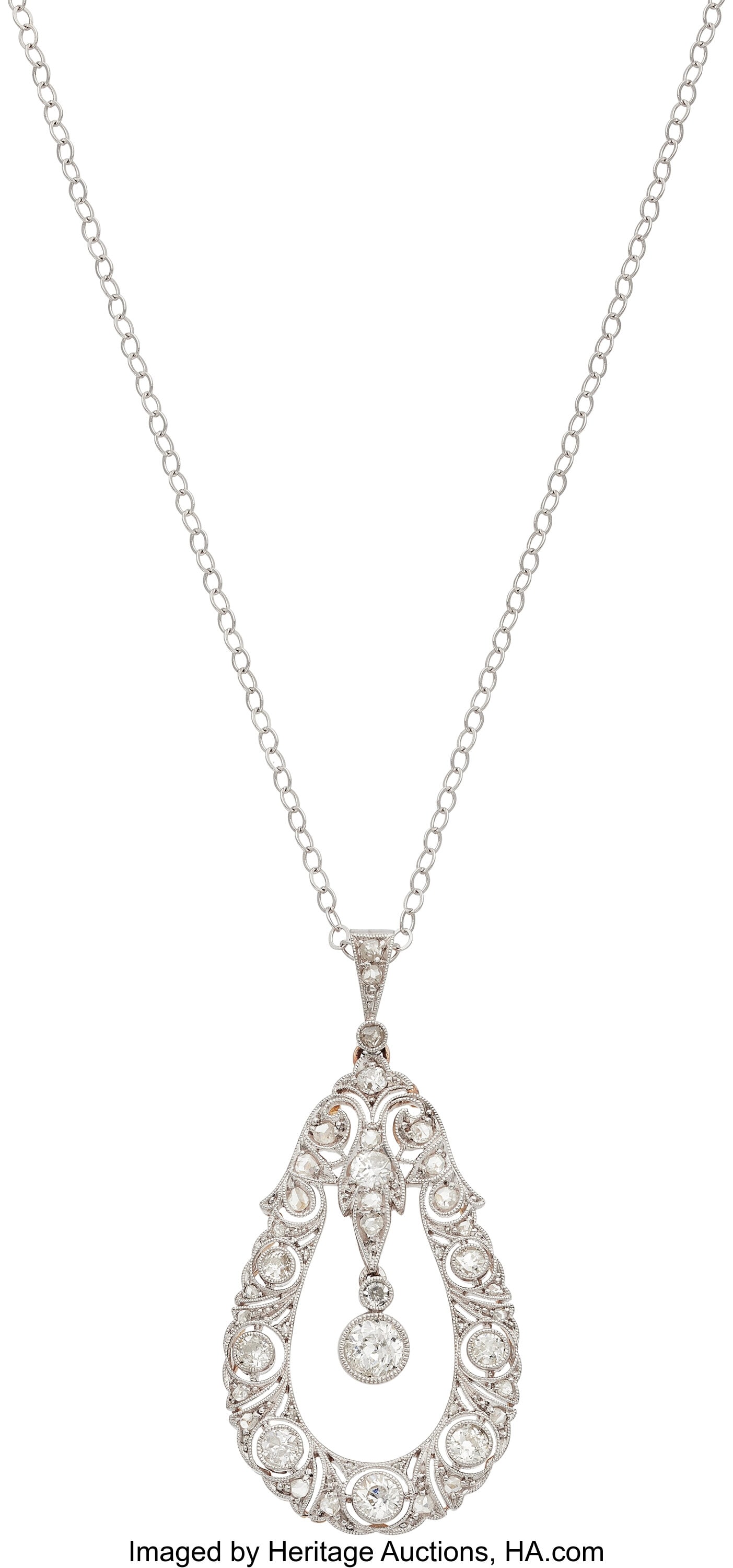 Edwardian Diamond, Platinum-Topped Gold, Gold Pe: Edwardian Diamond, Platinum-Topped Gold, Gold Pendant-Necklace Stones: European and single-cut diamonds weighing a total of approximately 0.95 carat; rose-cut diamonds Me