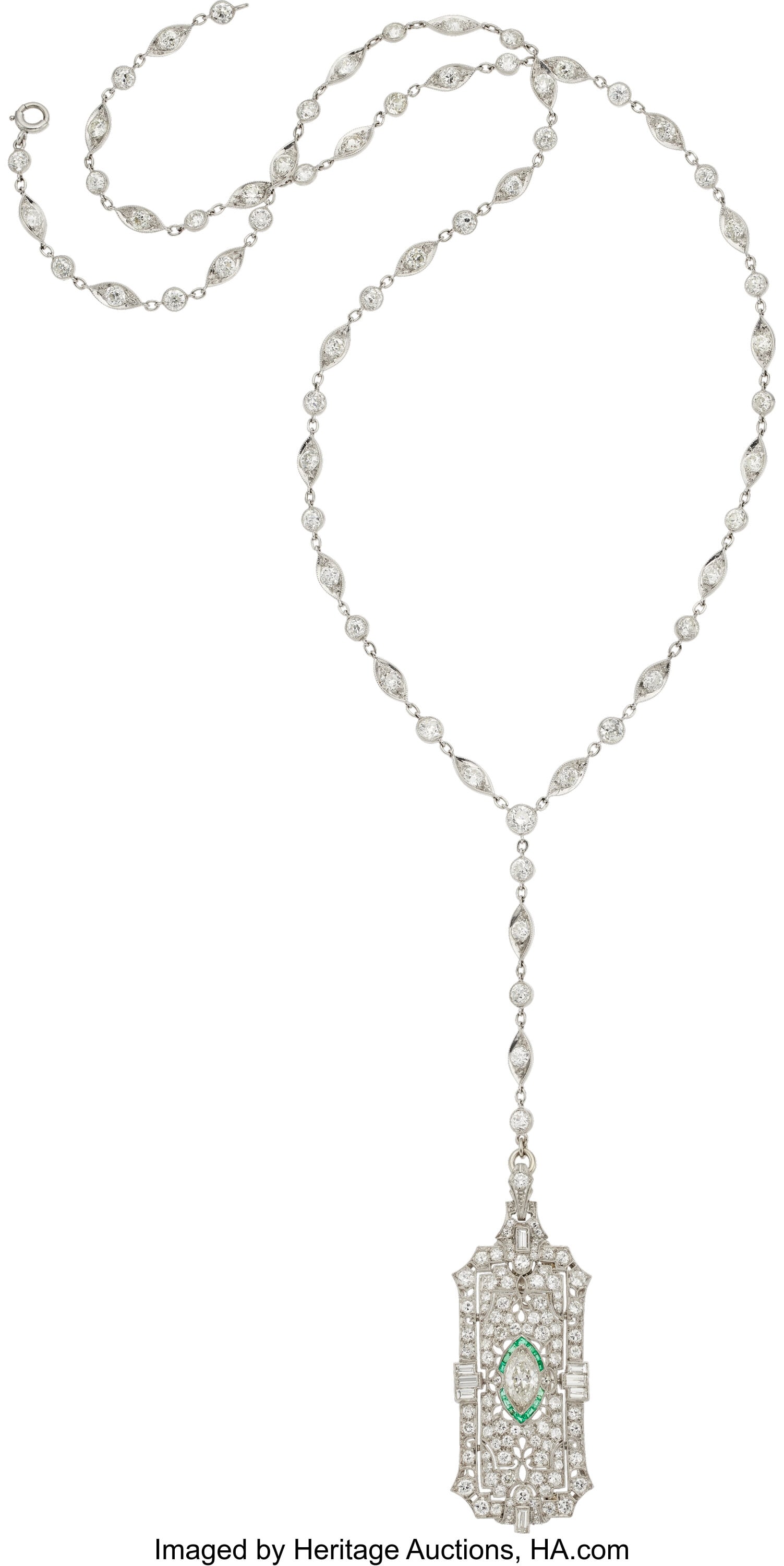 Art Deco Diamond, Emerald, Platinum Convertible : Art Deco Diamond, Emerald, Platinum Convertible Pendant-Brooch-Necklace Stones: European and transitional-cut diamonds weighing a total of approximately 9.00 carats; marq