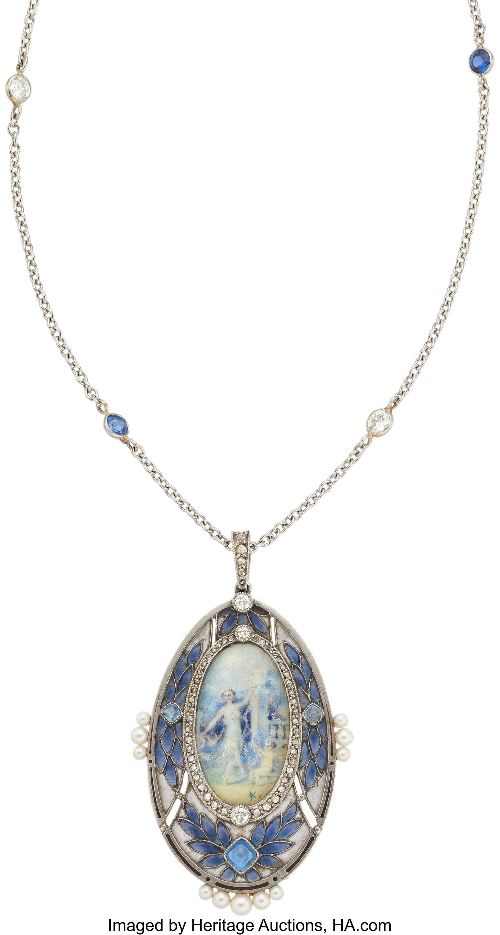 Edwardian Diamond, Sapphire, Seed Pearl, Painted: Edwardian Diamond, Sapphire, Seed Pearl, Painted Portrait, Plique-a-Jour Enamel, Platinum Pendant-Necklace, French Stones: Full-cut diamonds weighing a total 
