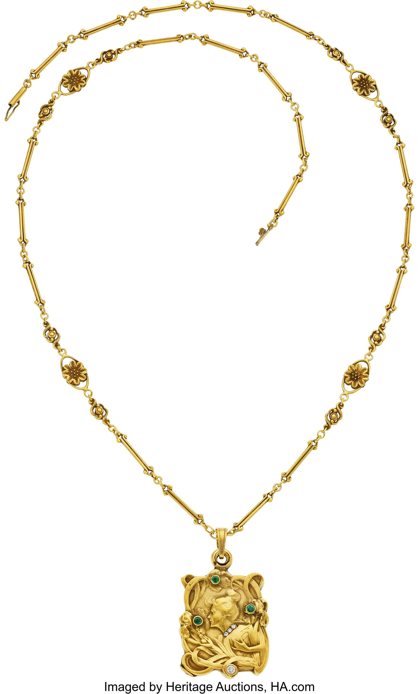 Art Nouveau Emerald, Diamond, Gold Pendant-Locke (1 of 3)
