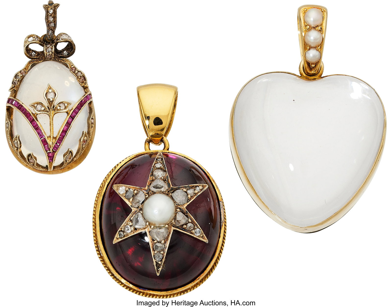 Victorian Multi-Stone, Diamond, Cultured Pearl, : Victorian Multi-Stone, Diamond, Cultured Pearl, Glass, Gold Pendants Stones: Square and calibré-cut rubies weighing a total of approximately 0.25 carat&semi
