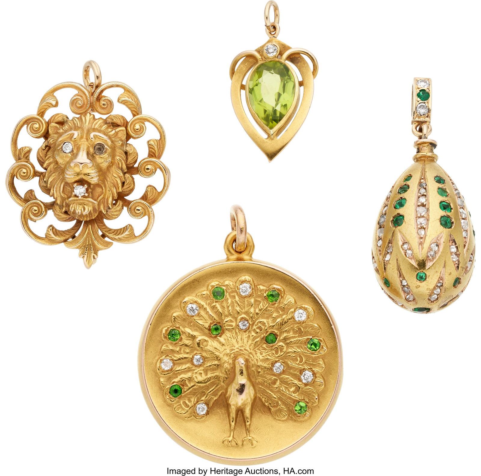 Diamond, Multi-Stone, Gold Pendants Stones: Ful: Diamond, Multi-Stone, Gold Pendants Stones: Full and single-cut diamonds weighing a total of approximately 0.20 carat; rose-cut diamonds; round-shaped demantoid garn