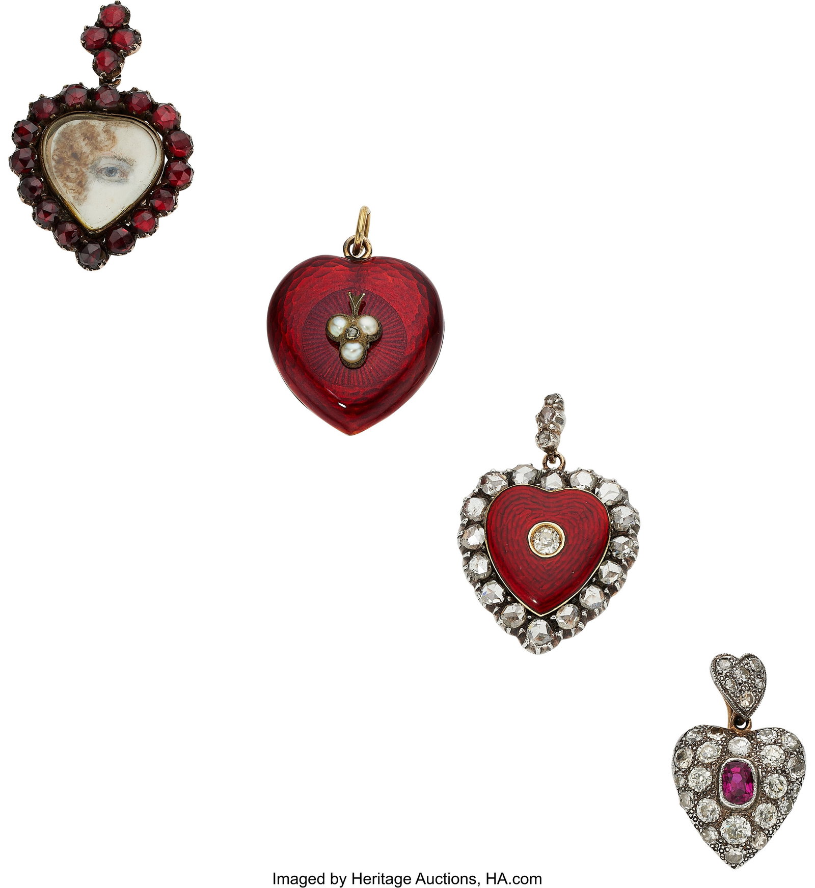 Victorian Diamond, Ruby, Garnet, Seed Pearl, Ena: Victorian Diamond, Ruby, Garnet, Seed Pearl, Enamel, Gold, Silver-Topped Gold, Vermeil Pendants Stones: Swiss, European and single-cut diamonds we