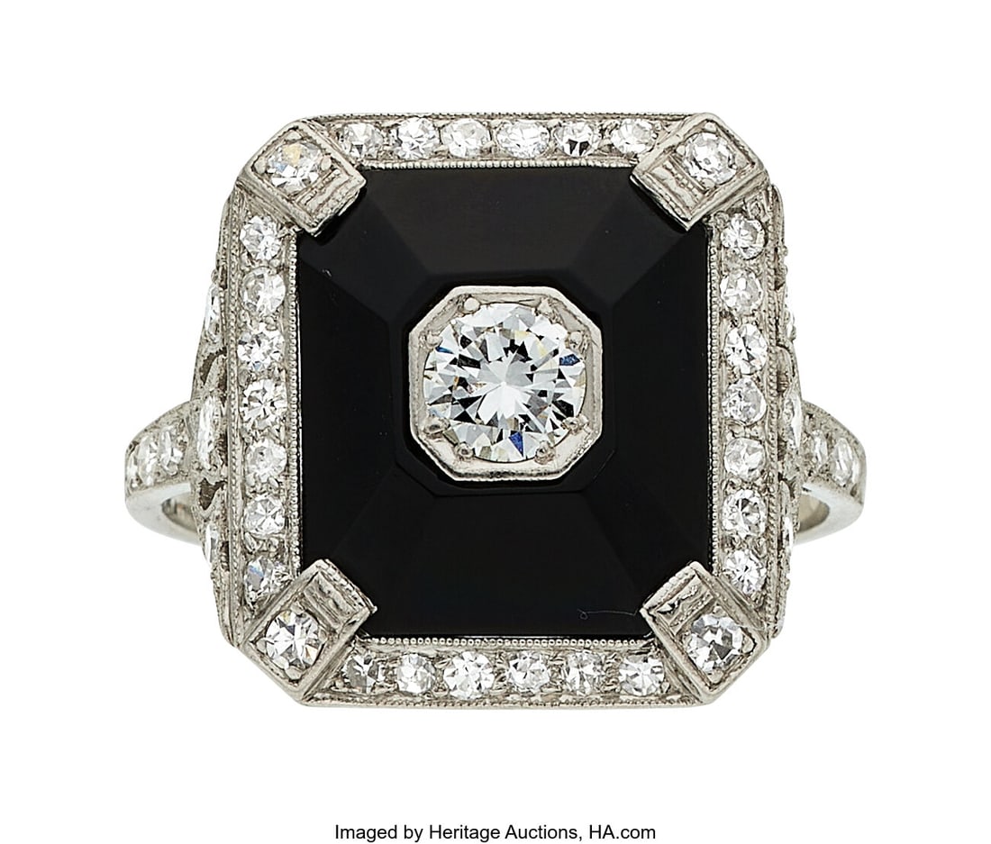 Art Deco Diamond, Black Onyx, Platinum Ring Sto: Art Deco Diamond, Black Onyx, Platinum Ring Stones: Transitional-cut diamond weighing approximately 0.30 carat; single-cut diamonds weighing a total of approximately 0&pe