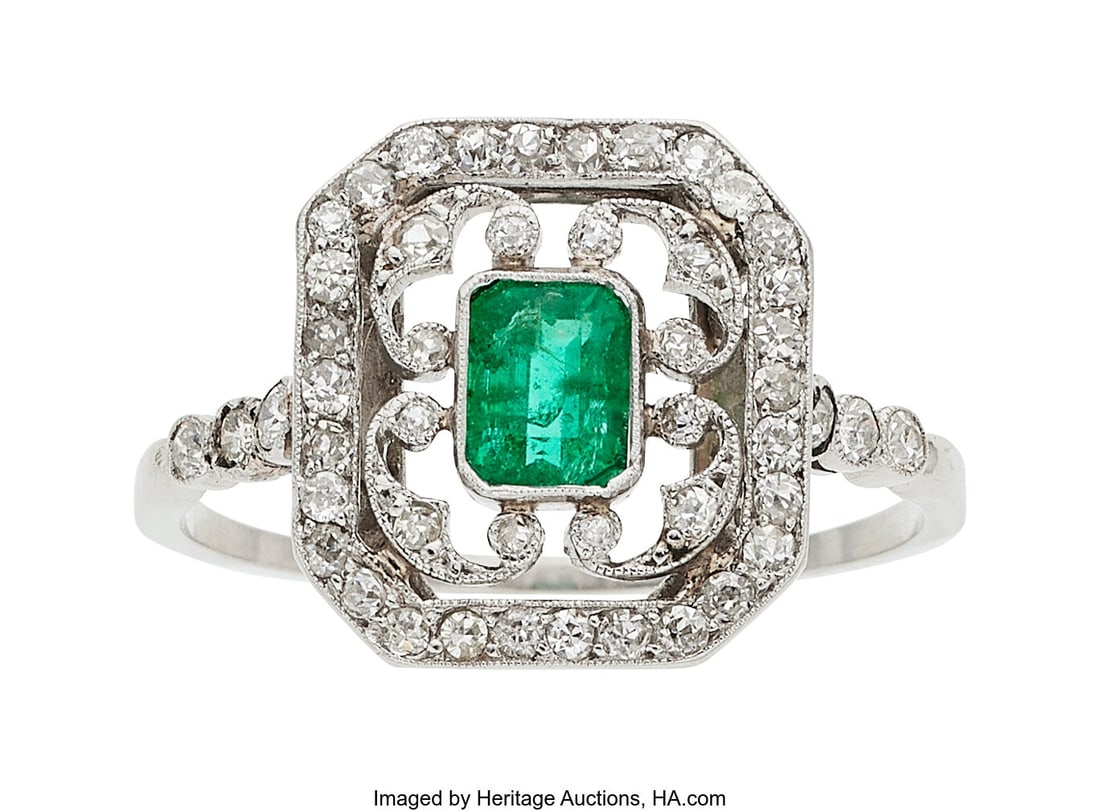 Emerald, Diamond, Platinum Ring Stones: Rectang: Emerald, Diamond, Platinum Ring Stones: Rectangular-shaped emerald weighing approximately 0.50 carat; European and single-cut diamonds weighing a total of approximately 0