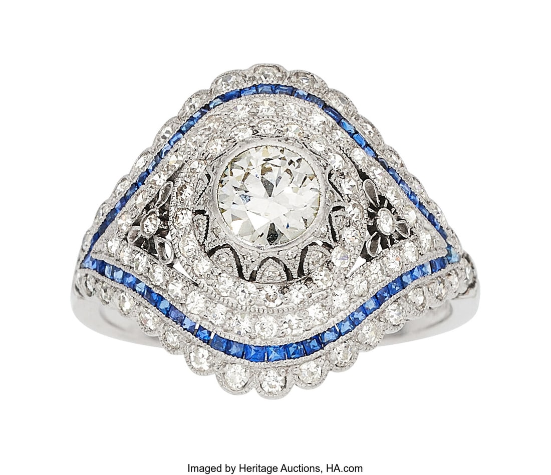 Art Deco Diamond, Sapphire, Platinum Ring Stone (1 of 2)