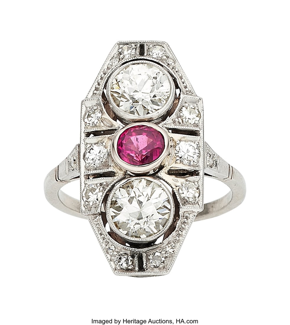 Art Deco Diamond, Ruby, Platinum, Gold Ring Sto (1 of 2)