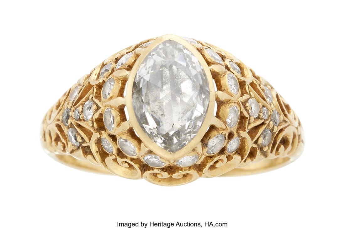 Diamond, Gold Ring Stones: Marquise-shaped rose: Diamond, Gold Ring Stones: Marquise-shaped rose-cut diamond measuring 9.00 x 6.30 mm; full and single-cut diamonds weighing a total of approximately 0.50 carat Me