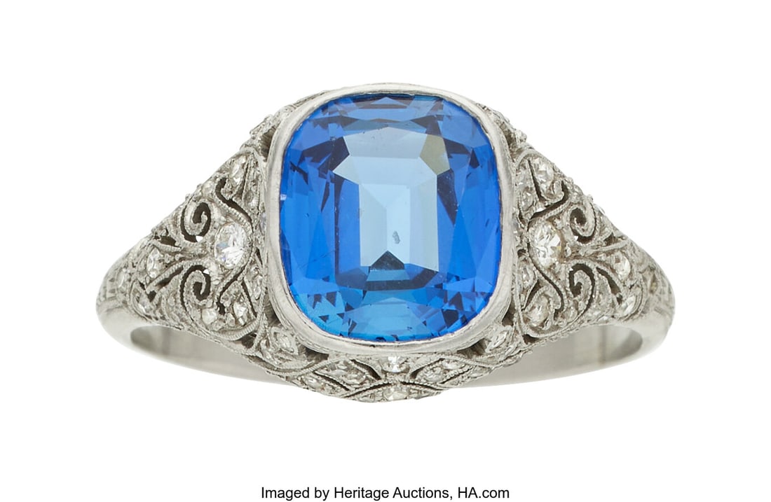 Art Deco Ceylon Sapphire, Diamond, Platinum Ring: Art Deco Ceylon Sapphire, Diamond, Platinum Ring Stones: Cushion-shaped sapphire weighing approximately 3.00 carats; single and transitional-cut diamonds weighing a total