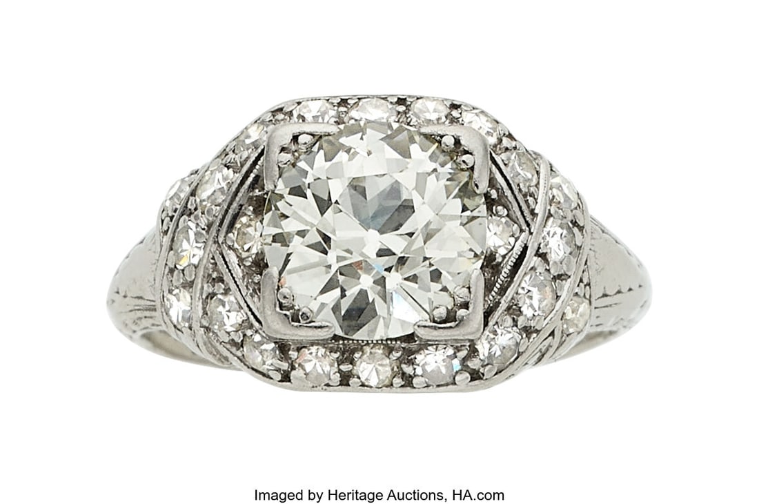 Art Deco Diamond, Platinum Ring Stones: Europea: Art Deco Diamond, Platinum Ring Stones: European-cut diamond weighing approximately 1.45 carats; single-cut diamonds weighing a total of approximately 0.30 carat Metal&c