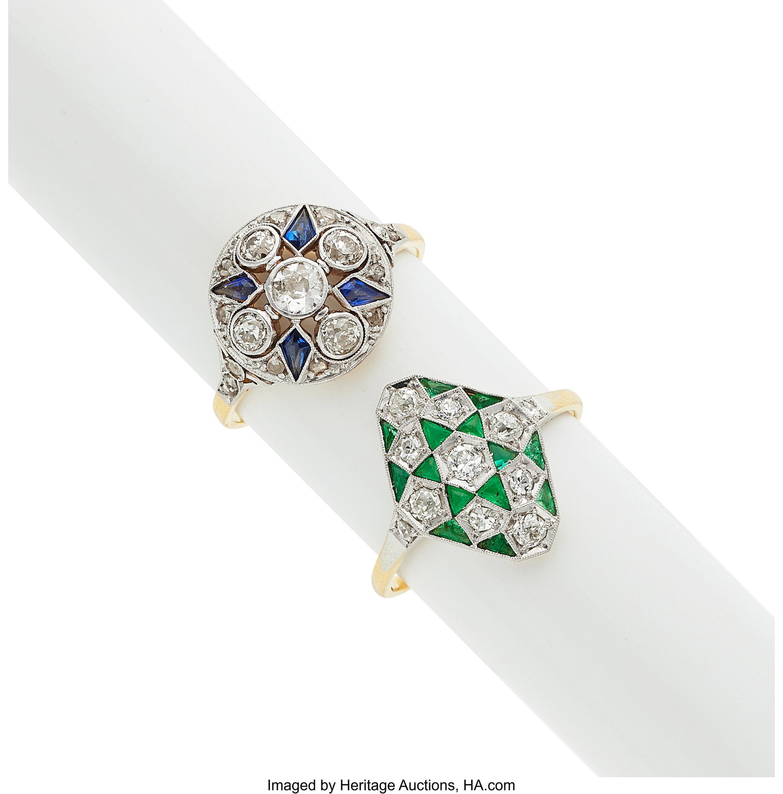 Art Deco Diamond, Emerald, Synthetic Sapphire, G: Art Deco Diamond, Emerald, Synthetic Sapphire, Glass, Silver-Topped Gold Rings Stones: European and single-cut diamonds weighing a total of approximately 1.00 cara