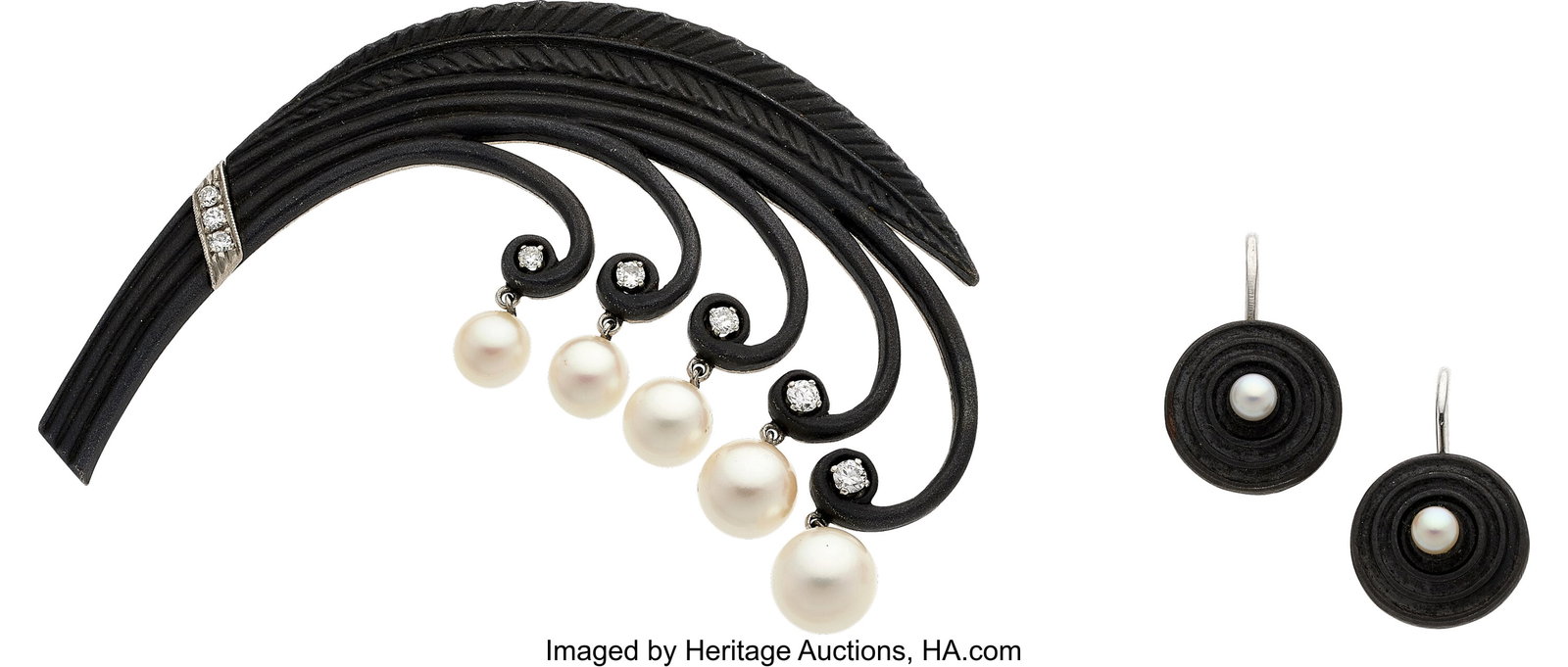 Marsh, Cultured Pearl, Diamond, Palladium, White: Marsh, Cultured Pearl, Diamond, Palladium, White Gold, Steel Jewelry Suite Stones: Full-cut diamonds weighing a total of approximately 0.15 carat Pearls&colo