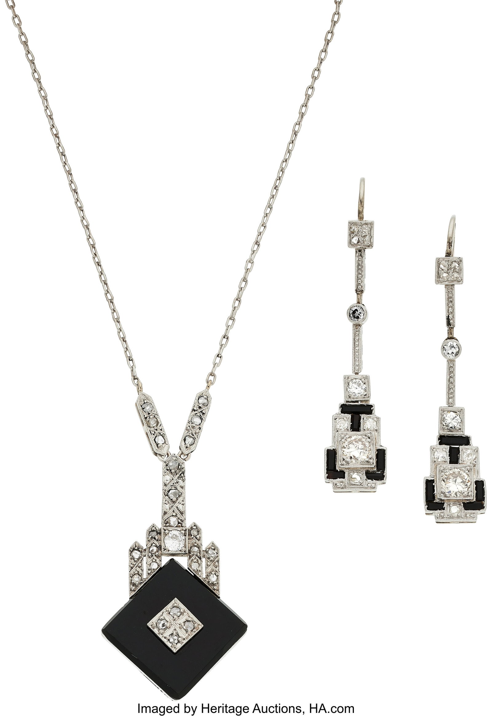Art Deco Diamond, Black Onyx, Platinum, Platinum: Art Deco Diamond, Black Onyx, Platinum, Platinum-Topped Gold, Jewelry Suite Stones: Transitional and European-cut diamonds weighing a total of approximately 0.85 c